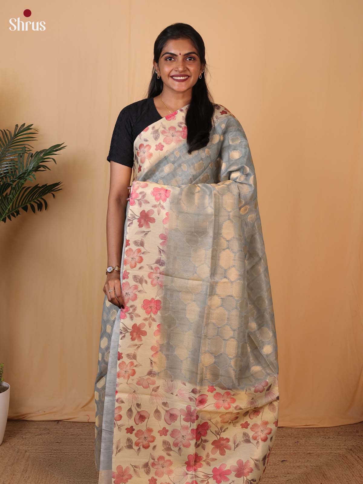 Lite Blue & Cream - Semi Tissue Saree - Shop on Shrus.com