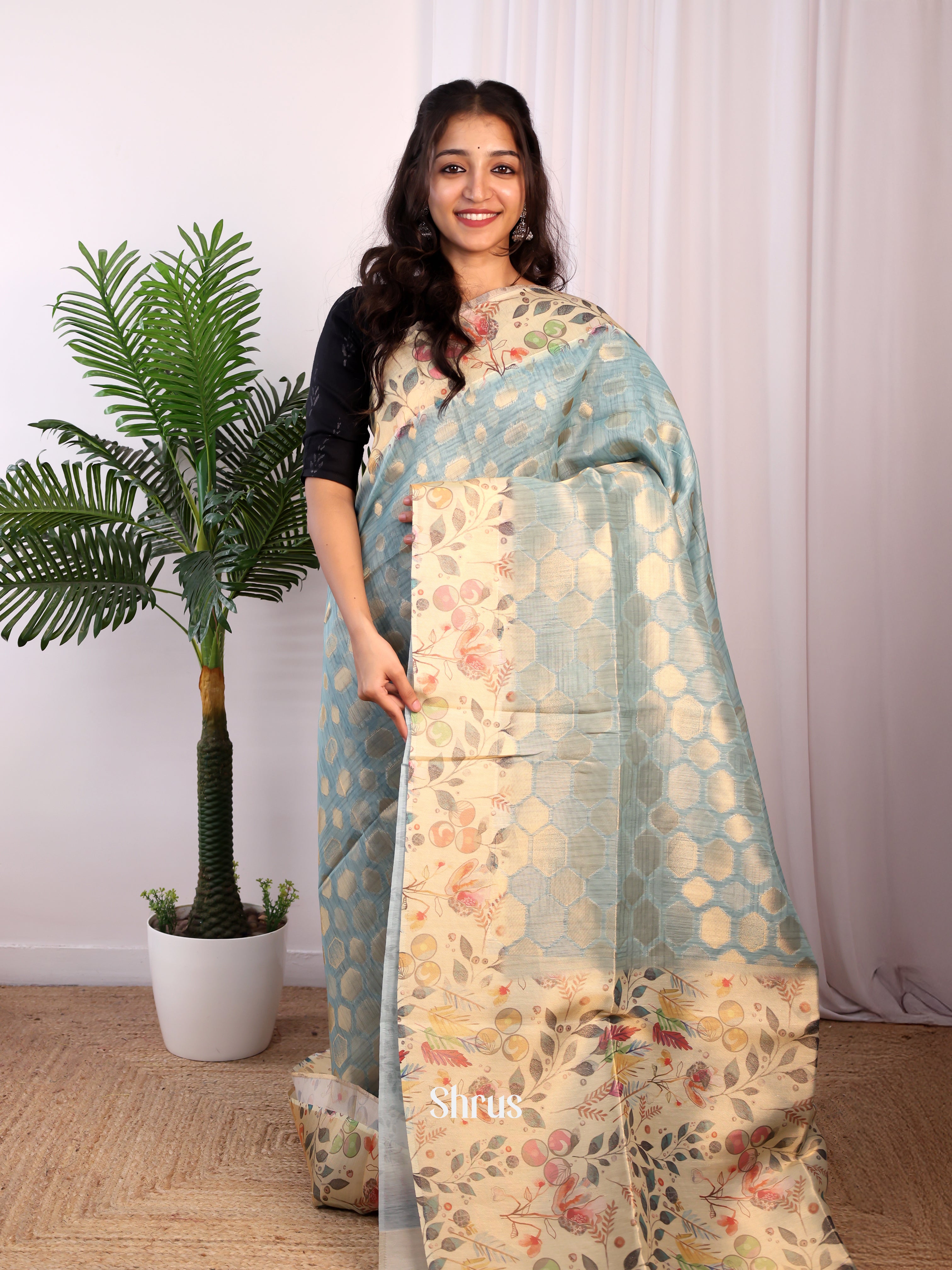 Blue & Cream - Semi Tissue Saree - Shop on Shrus.com