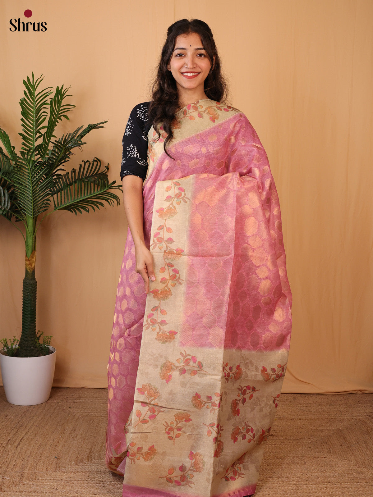 Rose Pink & Cream - Semi Tissue Saree - Shop on Shrus.com