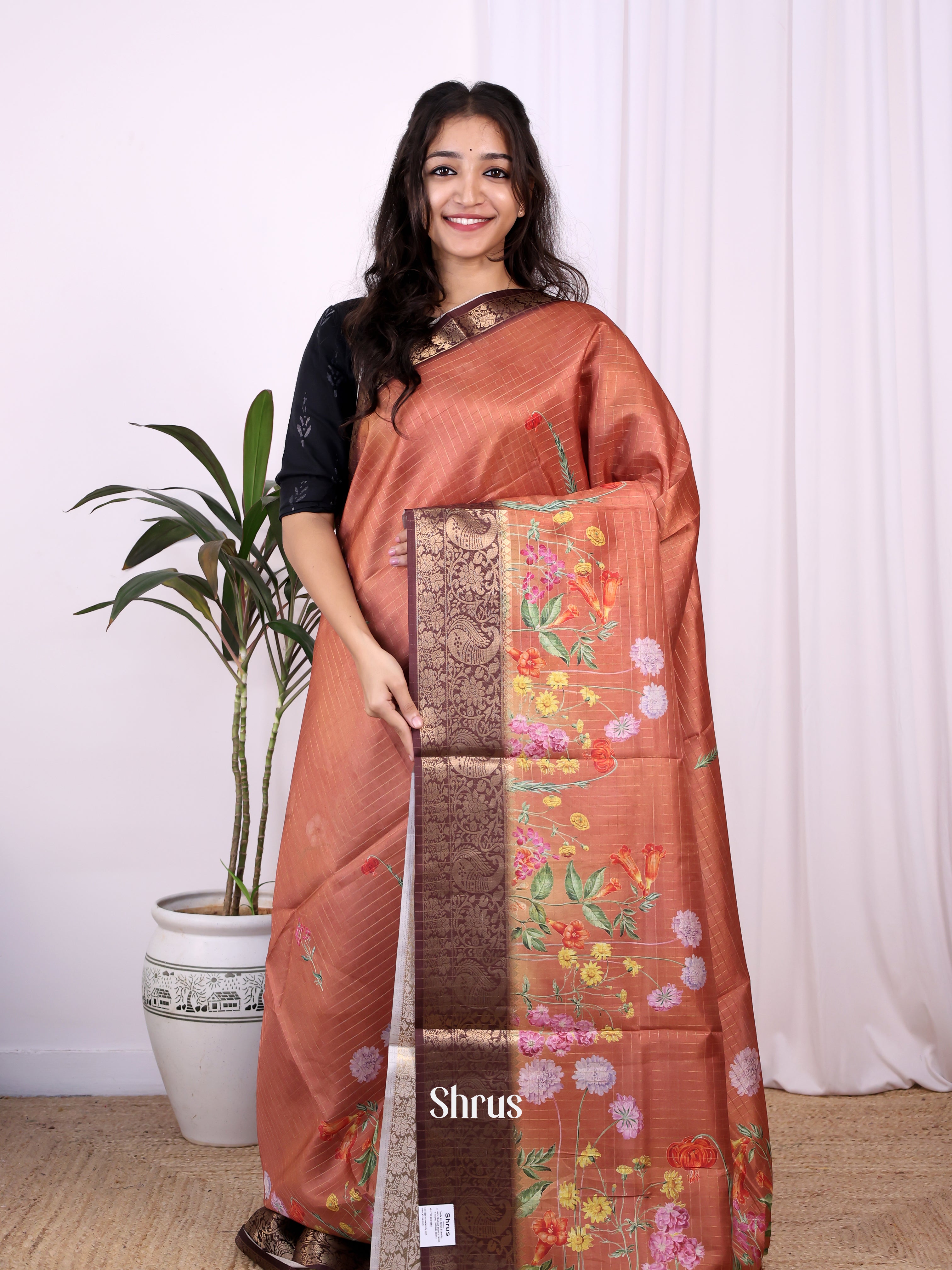 Rust & Brown - Semi Dola silk Saree - Shop on Shrus.com