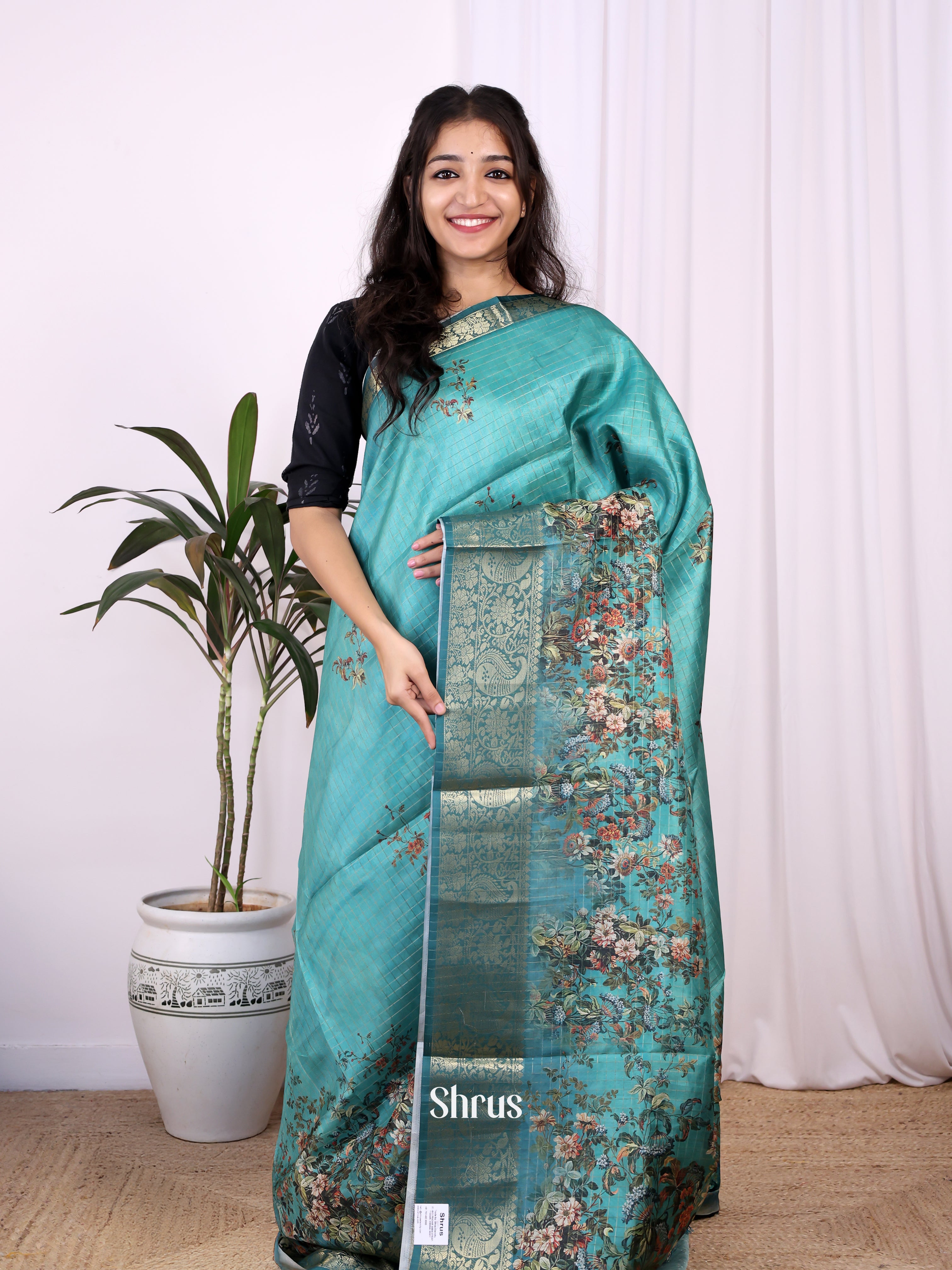 Teal - Semi Dola silk Saree - Shop on Shrus.com