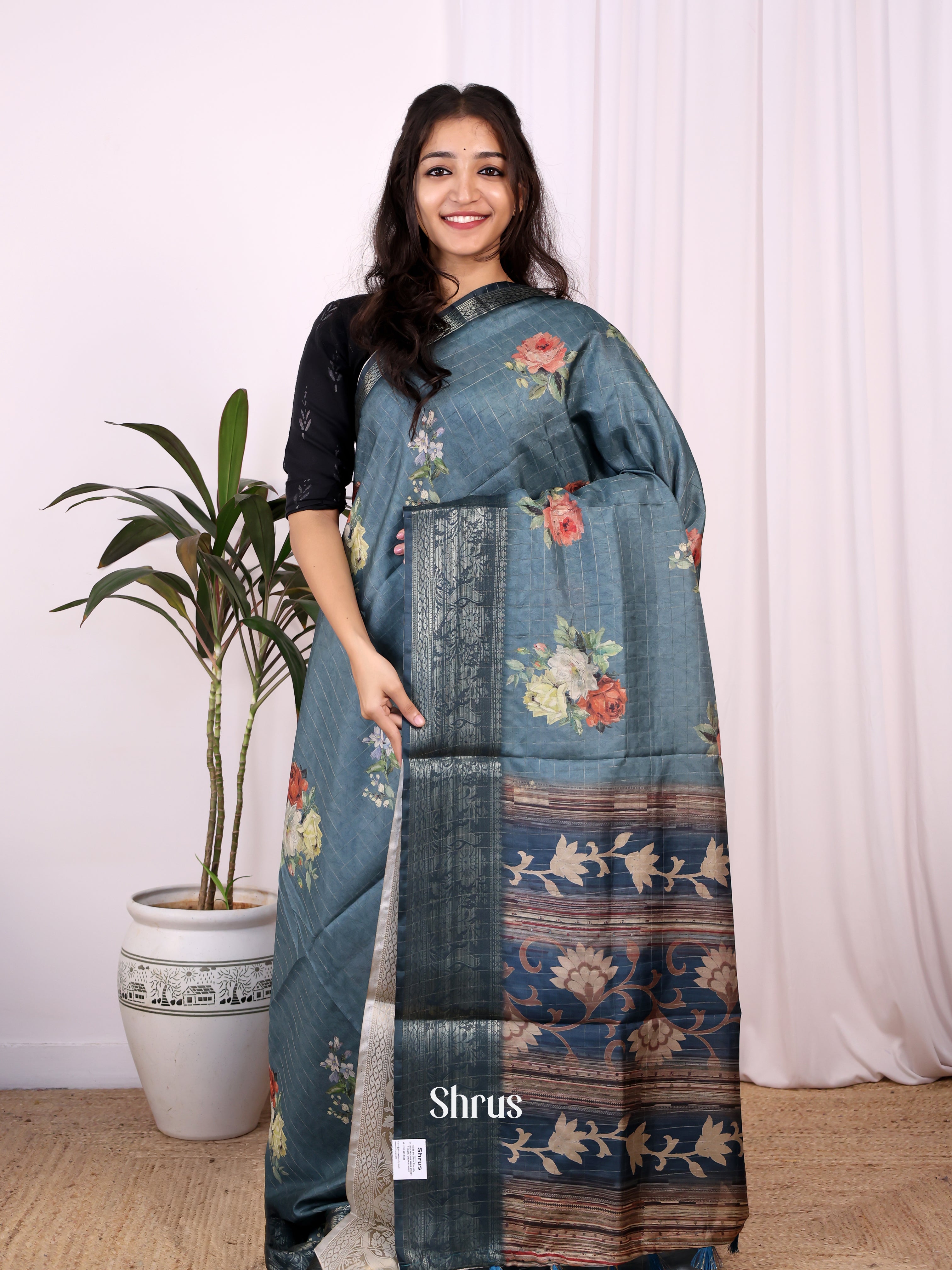 Grey & Blue - Semi Dola silk Saree - Shop on Shrus.com