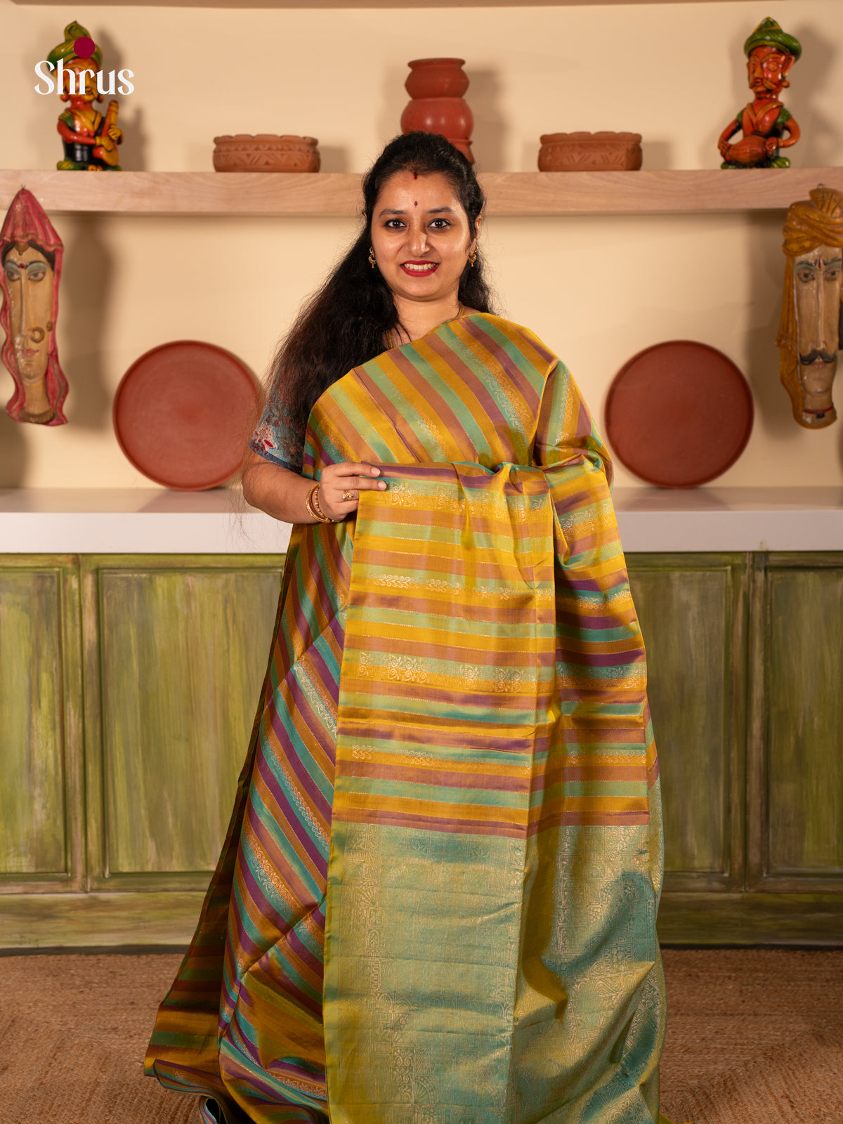 Teal Purple & Mustard stripes - Soft Silk saree - Shop on Shrus.com
