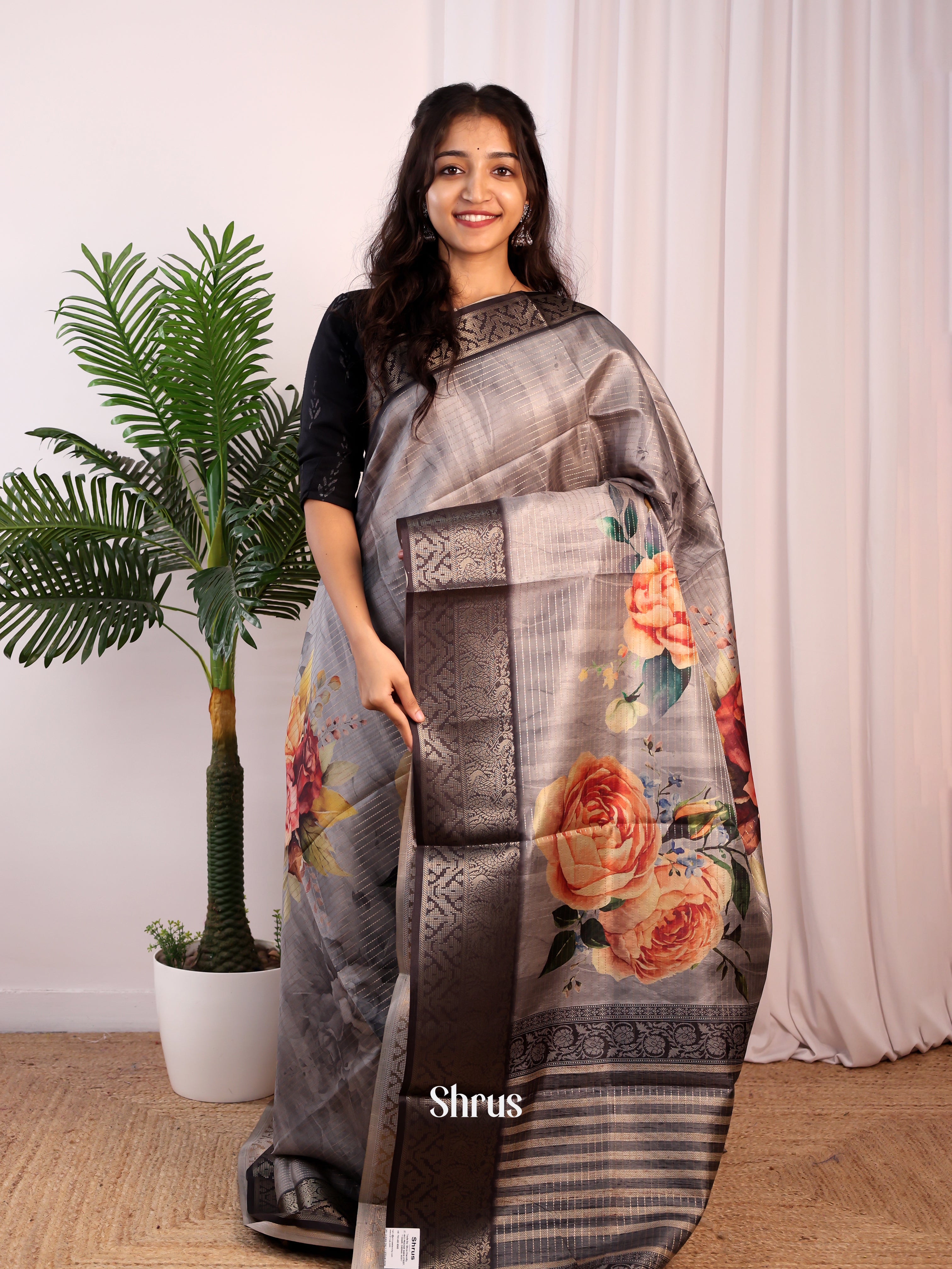 Grey & Black - Semi Dola silk Saree - Shop on Shrus.com