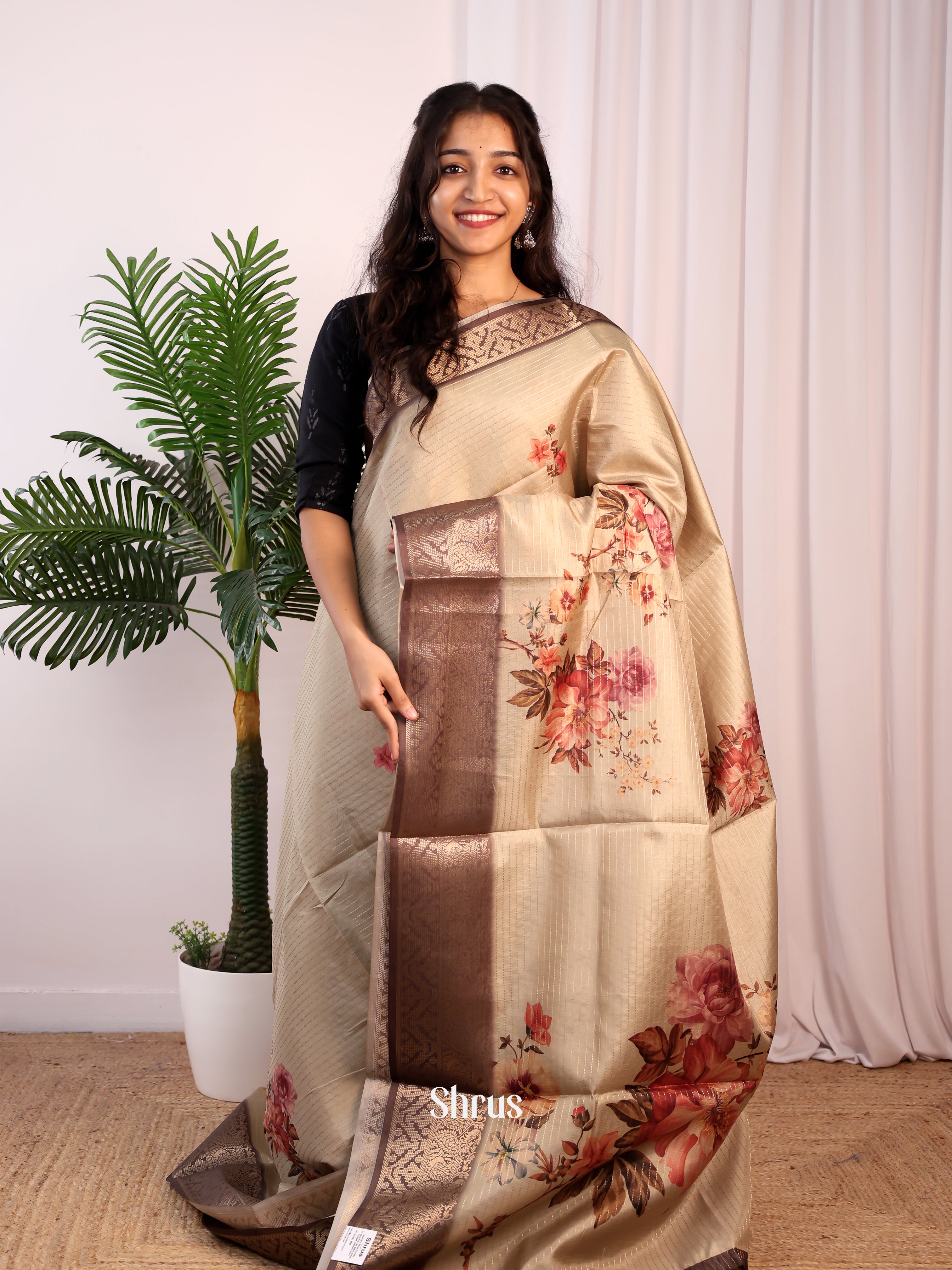 Beige & Brown- Semi Dola silk Saree - Shop on Shrus.com