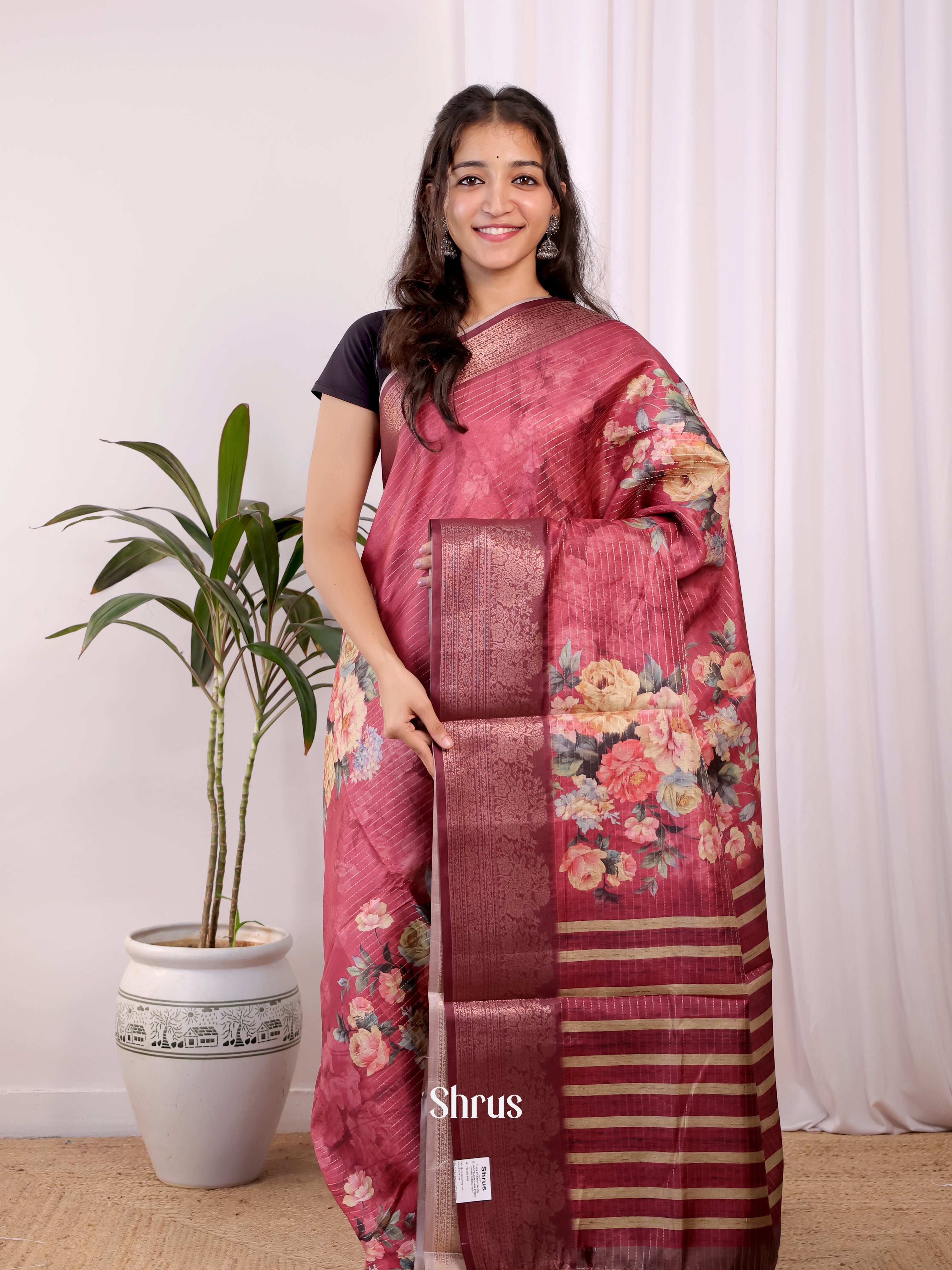 Maroon - Semi Dola silk Saree - Shop on Shrus.com