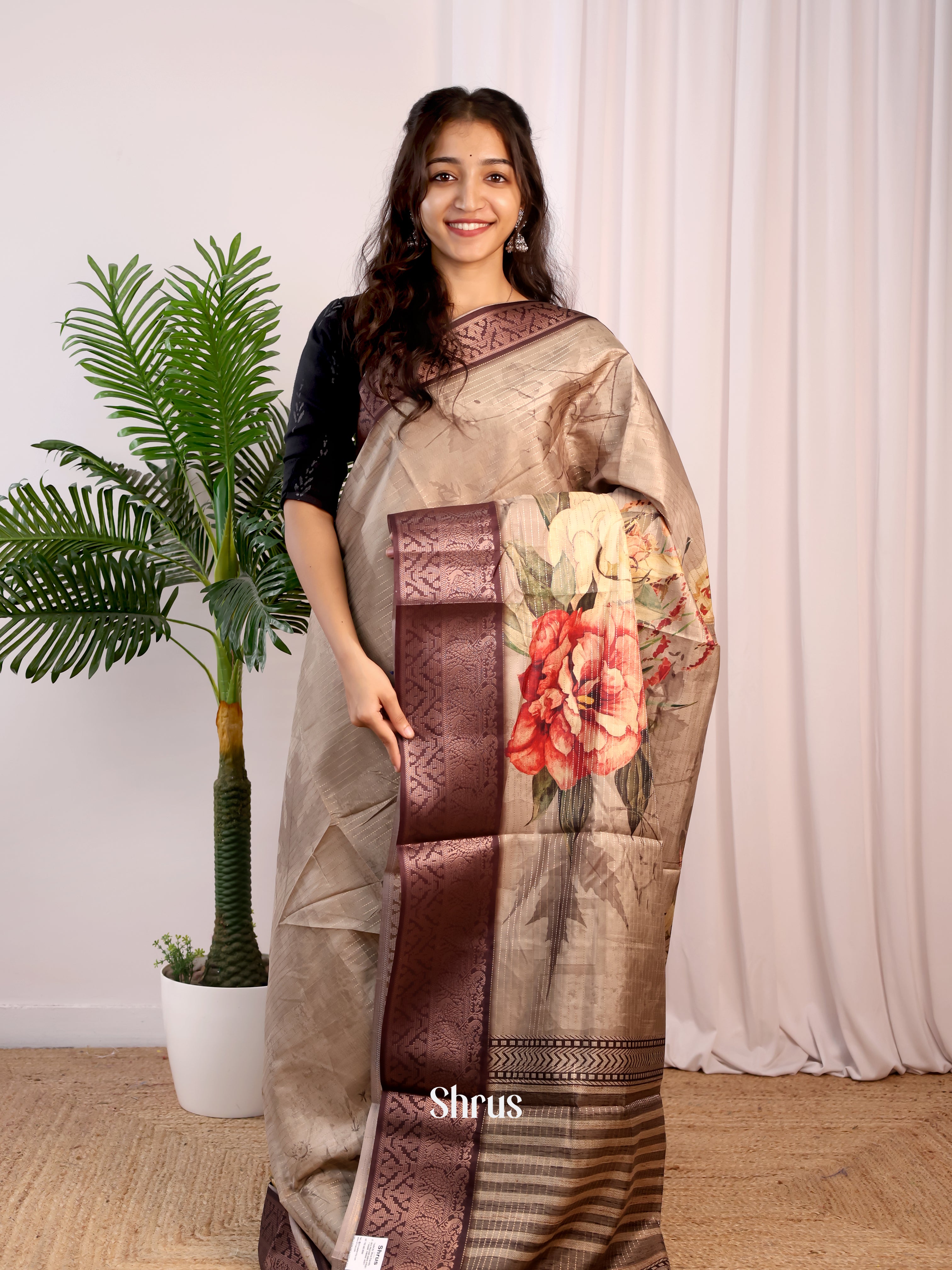 Grey & Brown - Semi Dola silk Saree - Shop on Shrus.com