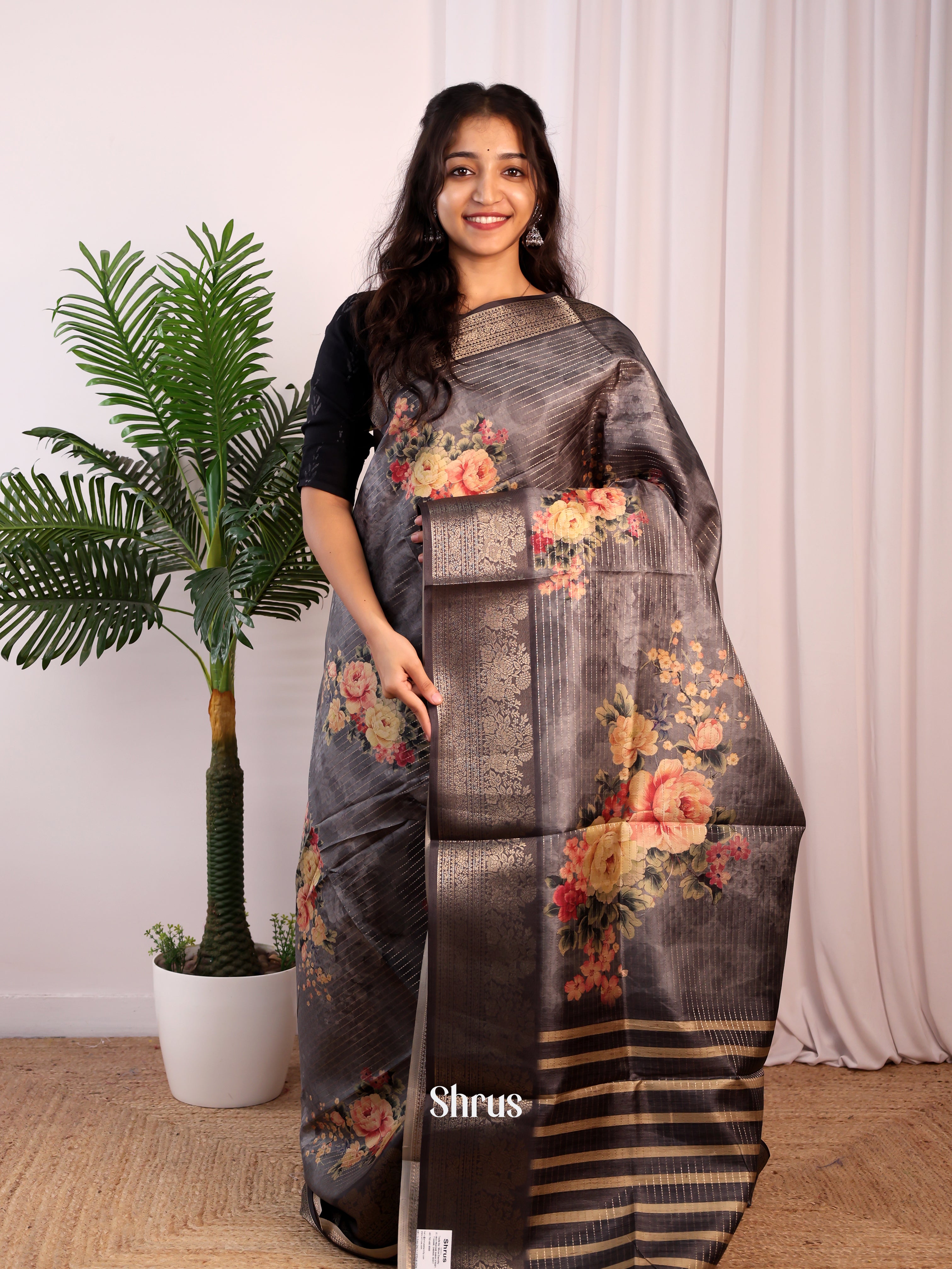 Elephant Grey - Semi Dola silk Saree - Shop on Shrus.com