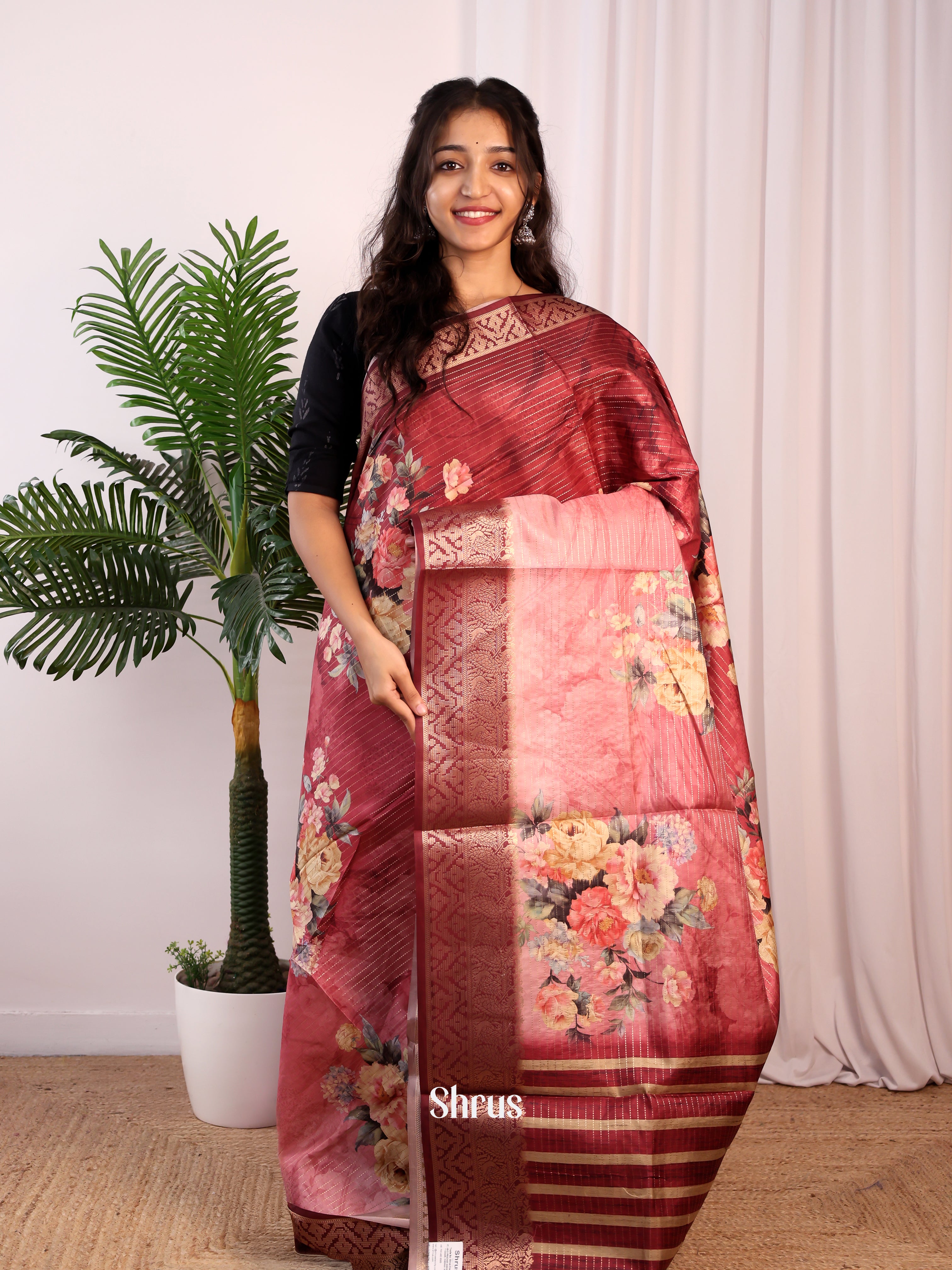 Maroon & Pink - Semi Dola silk Saree - Shop on Shrus.com