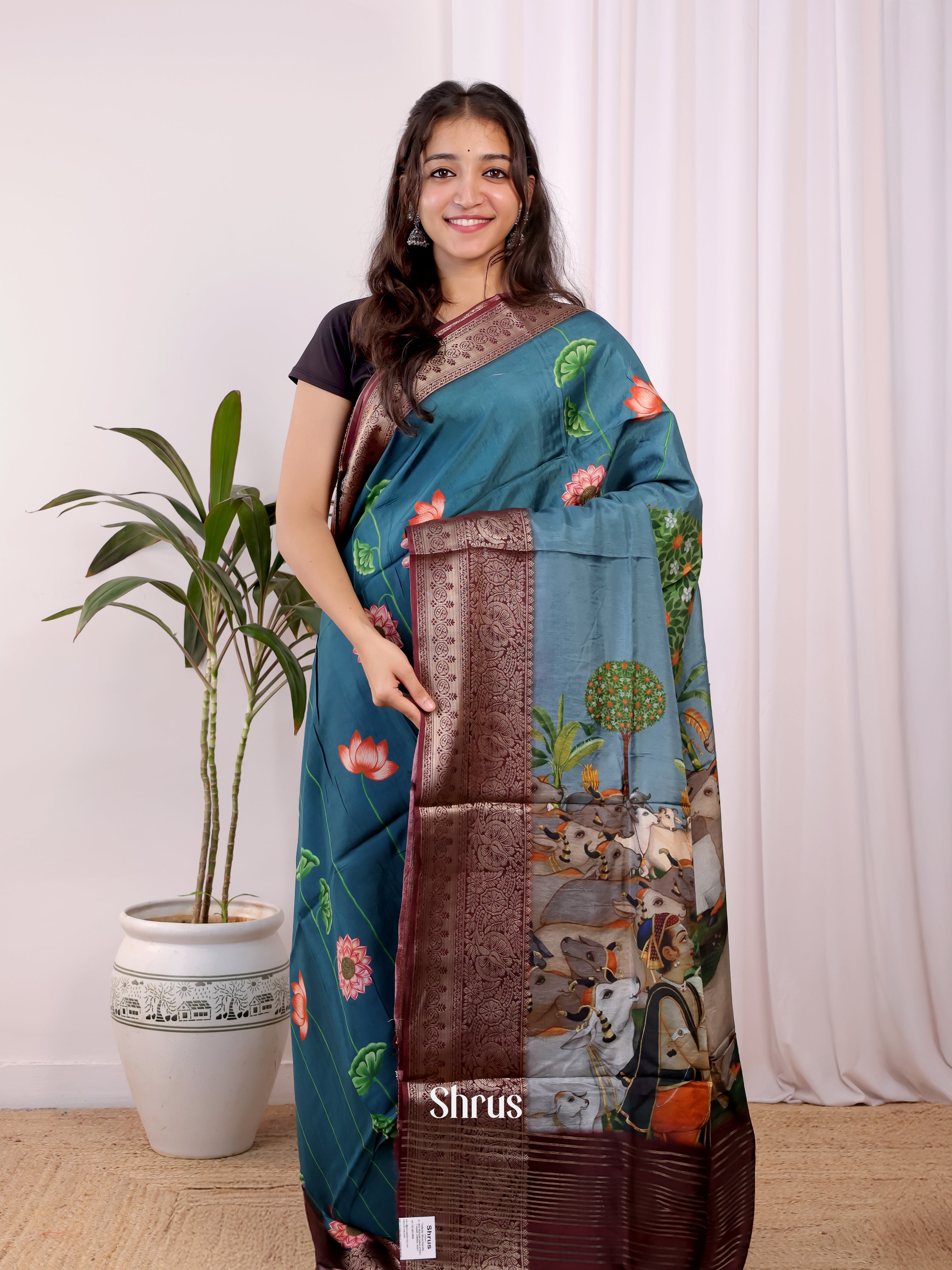 Blue - Semi Dola silk Saree - Shop on Shrus.com