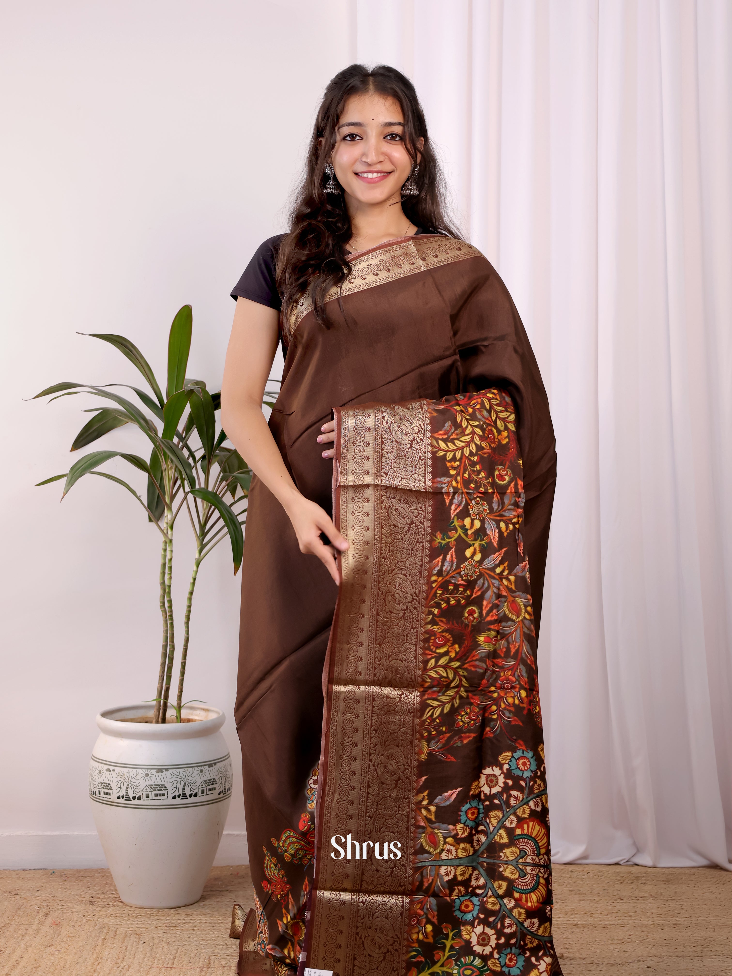 Brown - Semi Dola silk Saree - Shop on Shrus.com