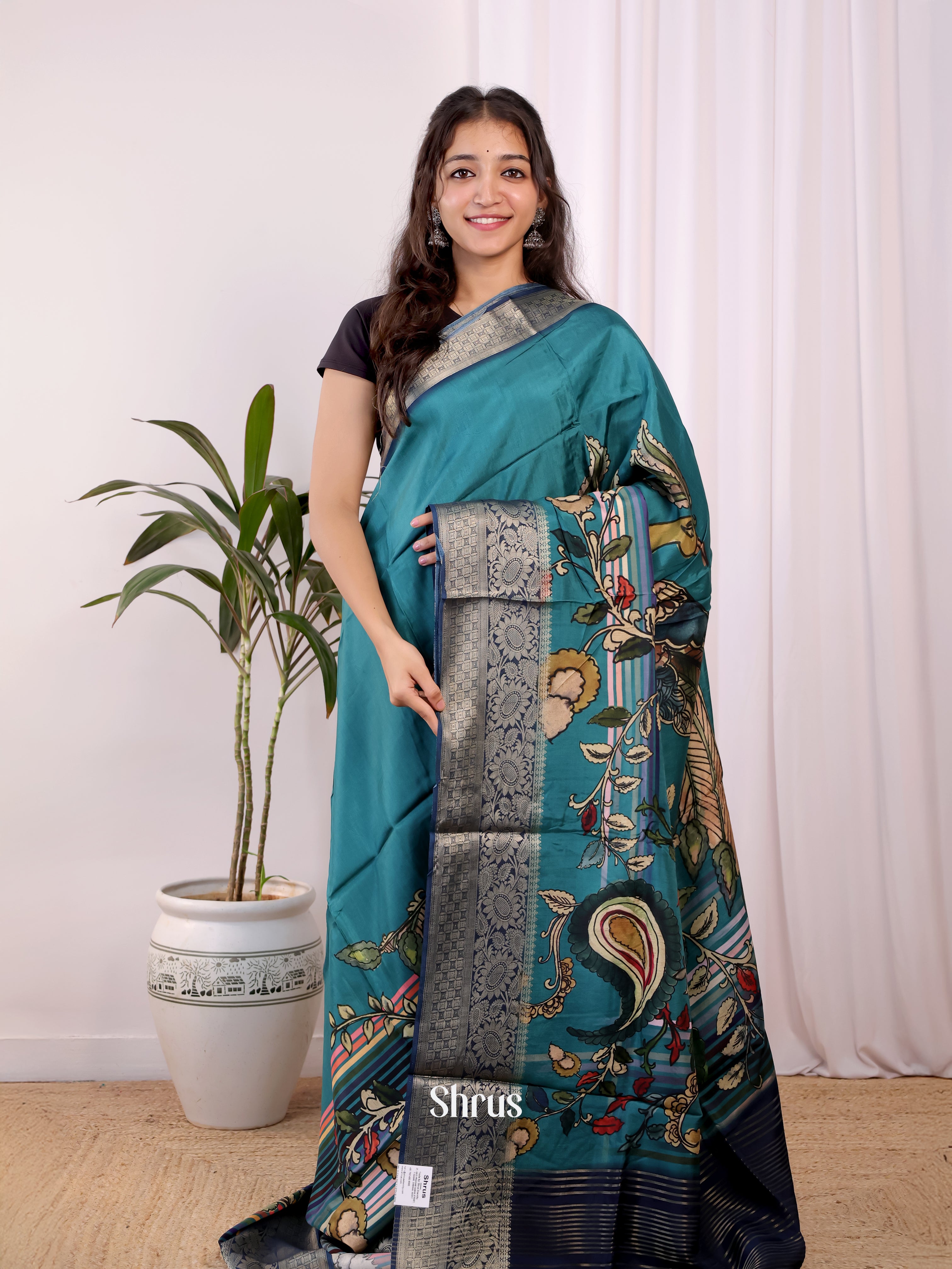 Teal - Semi Dola silk Saree - Shop on Shrus.com