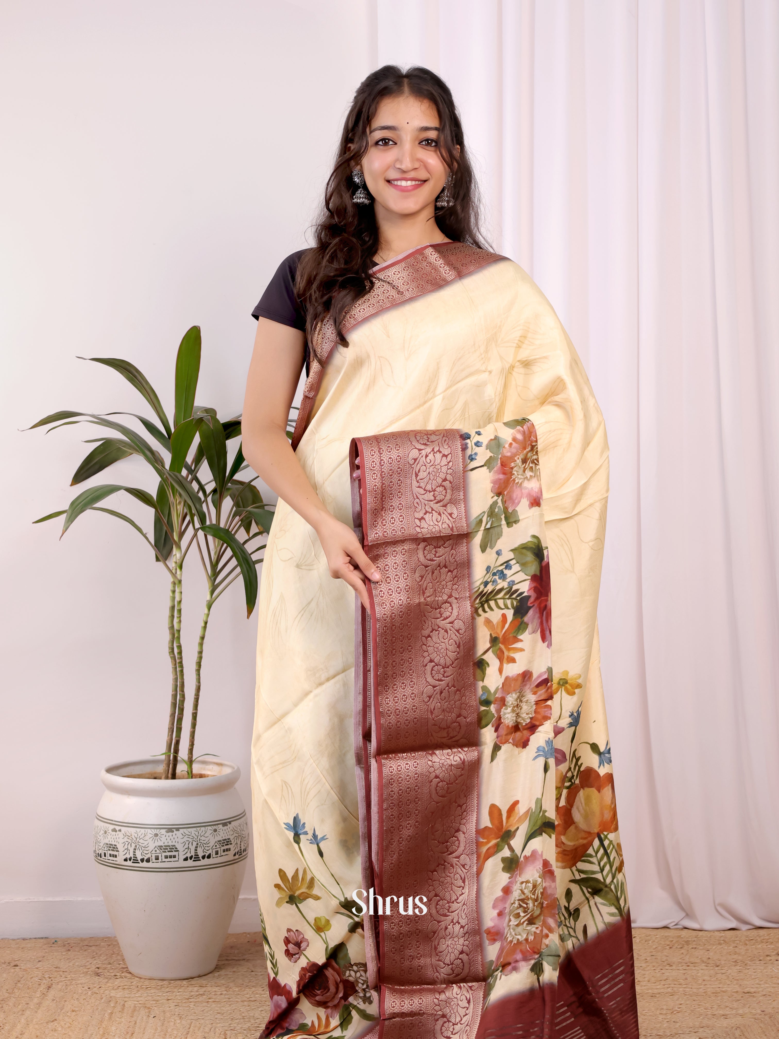 Cream - Semi Dola silk Saree - Shop on Shrus.com