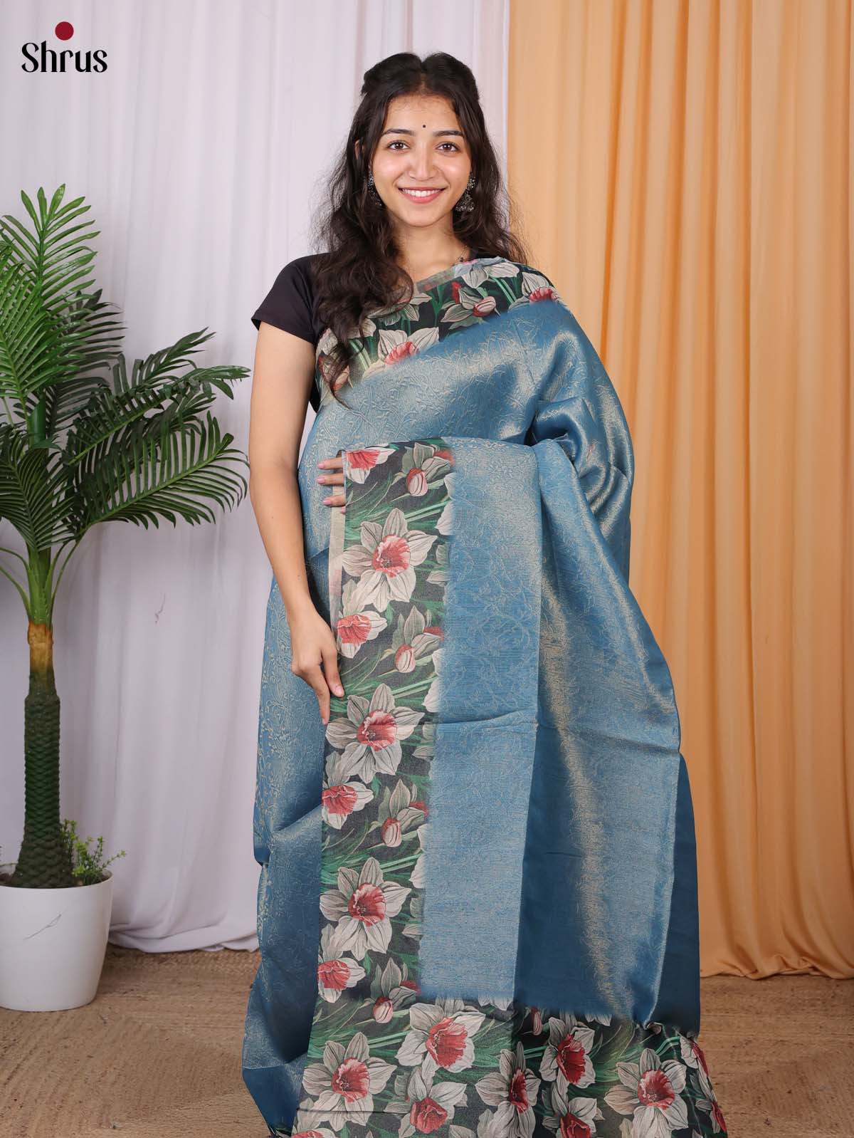 Blue & Green - Semi Tissue Saree - Shop on Shrus.com