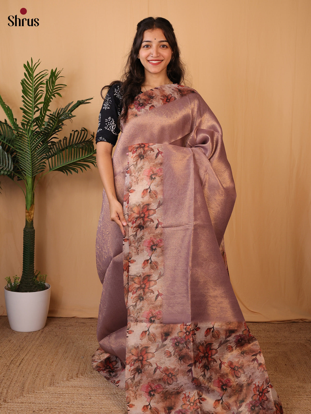 Mauve - Semi Tissue Saree - Shop on Shrus.com