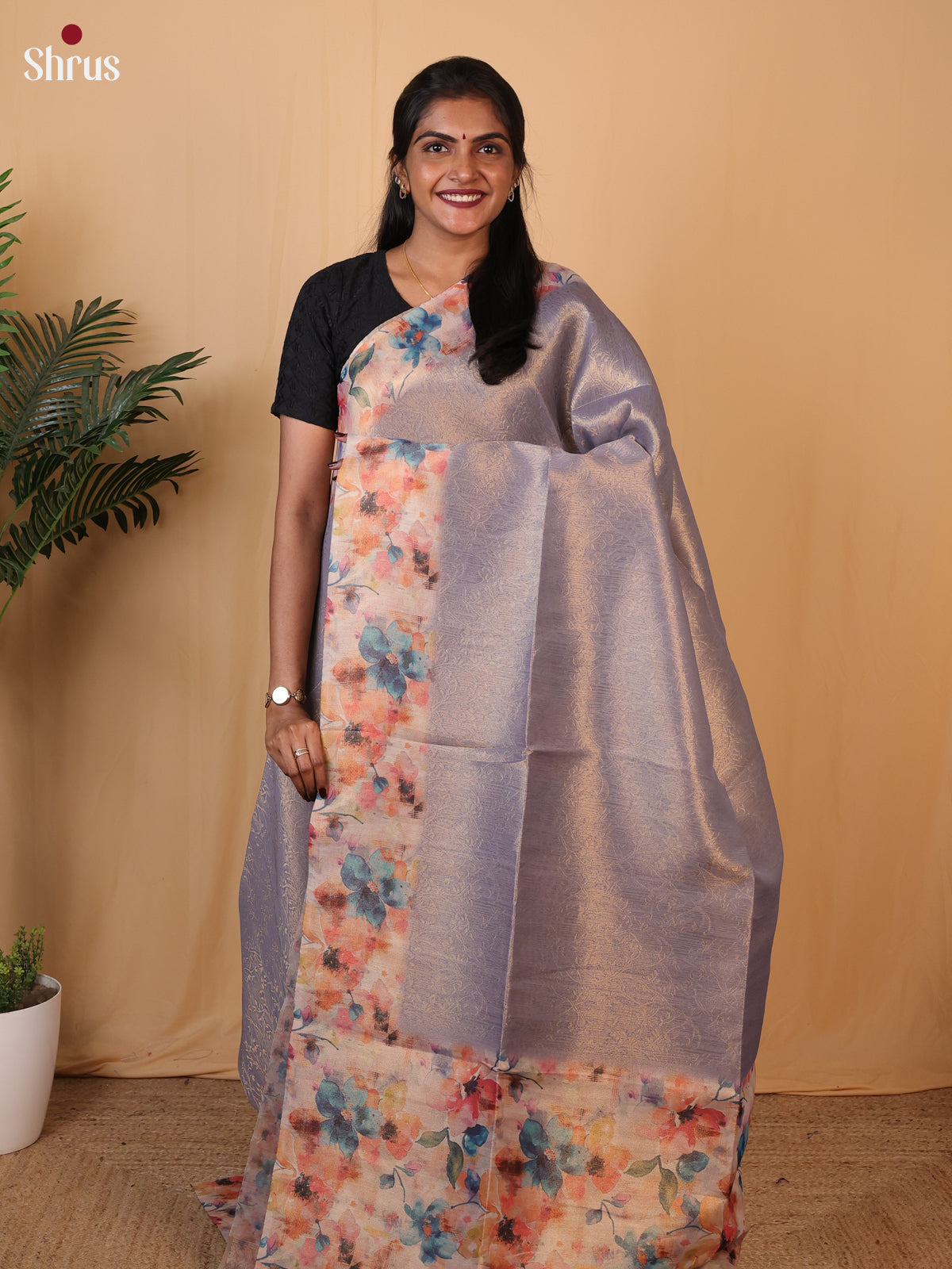 Blue & Peach - Semi Tissue Saree - Shop on Shrus.com