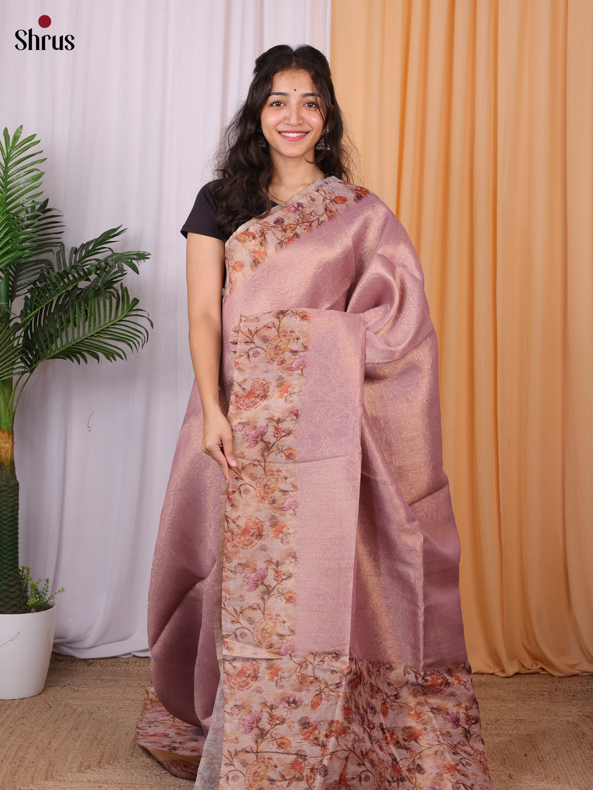 Onion pink- Semi Tissue Saree - Shop on Shrus.com