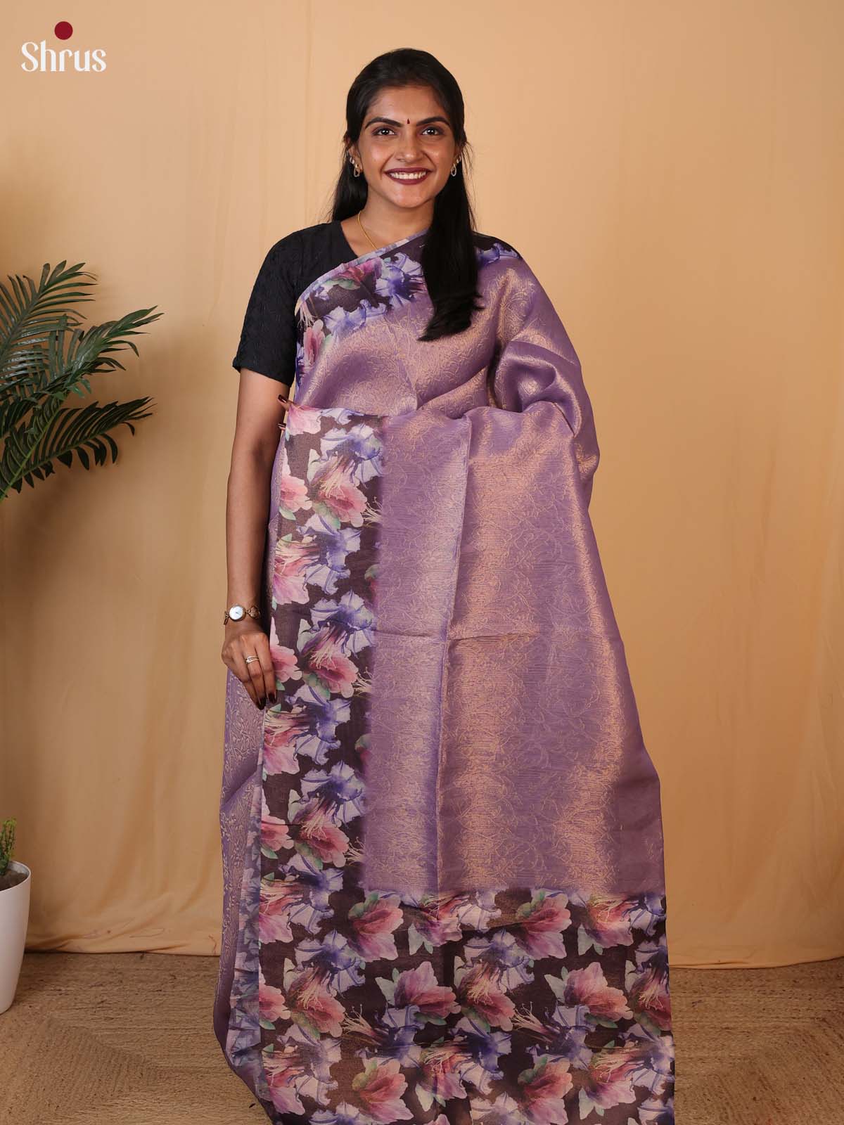 Lavender & Brown - Semi Tissue Saree - Shop on Shrus.com