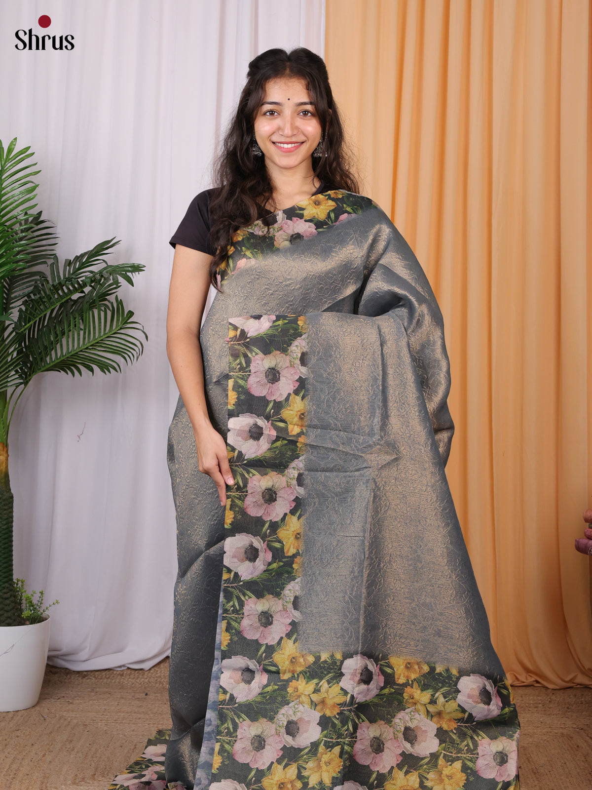 Blue & Green - Semi Tissue Saree - Shop on Shrus.com
