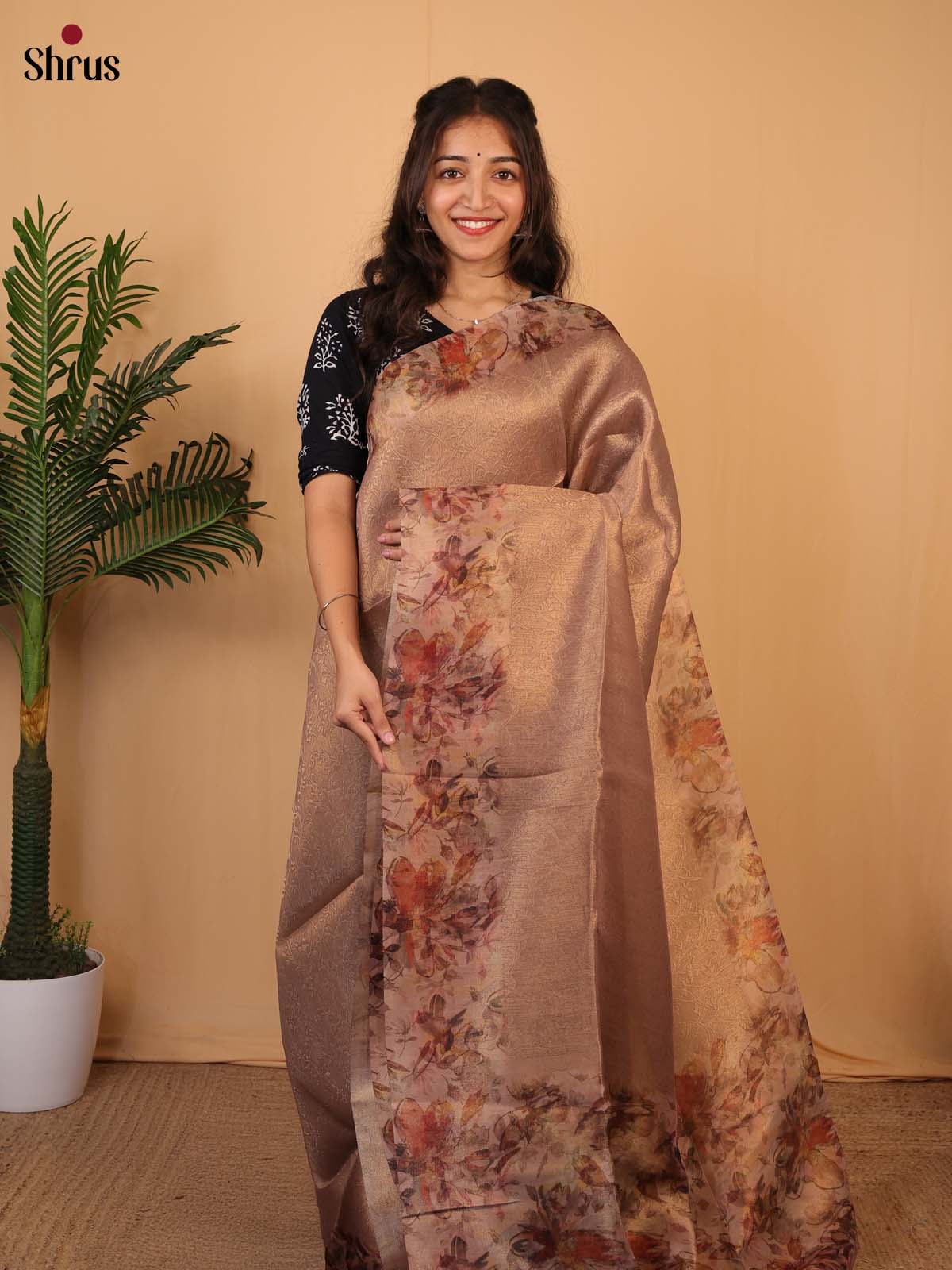 Goldish Brown - Semi Tissue Saree - Shop on Shrus.com