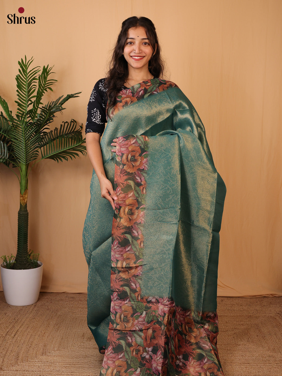 Green - Semi Tissue Saree - Shop on Shrus.com