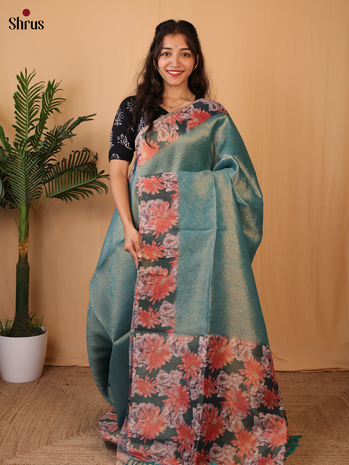 Blue & Green - Semi Tissue Saree - Shop on Shrus.com