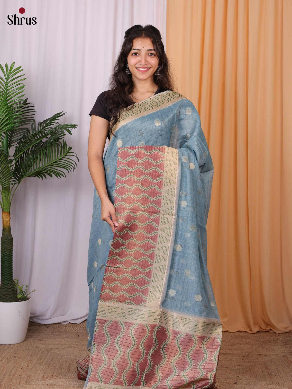 Blue & Cream - Semi Tissue Saree - Shop on Shrus.com