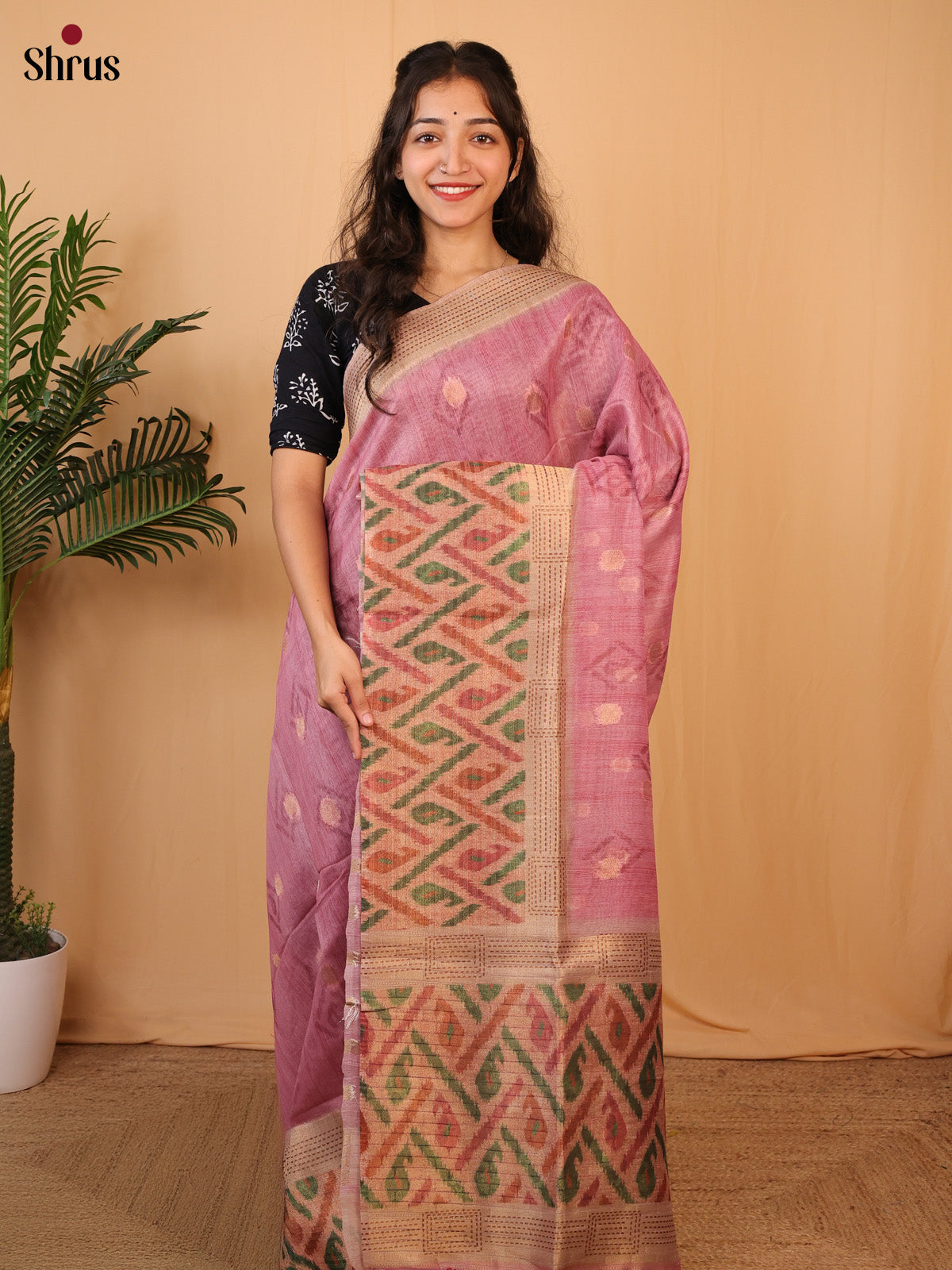 Pink & Beige - Semi Tissue Saree - Shop on Shrus.com