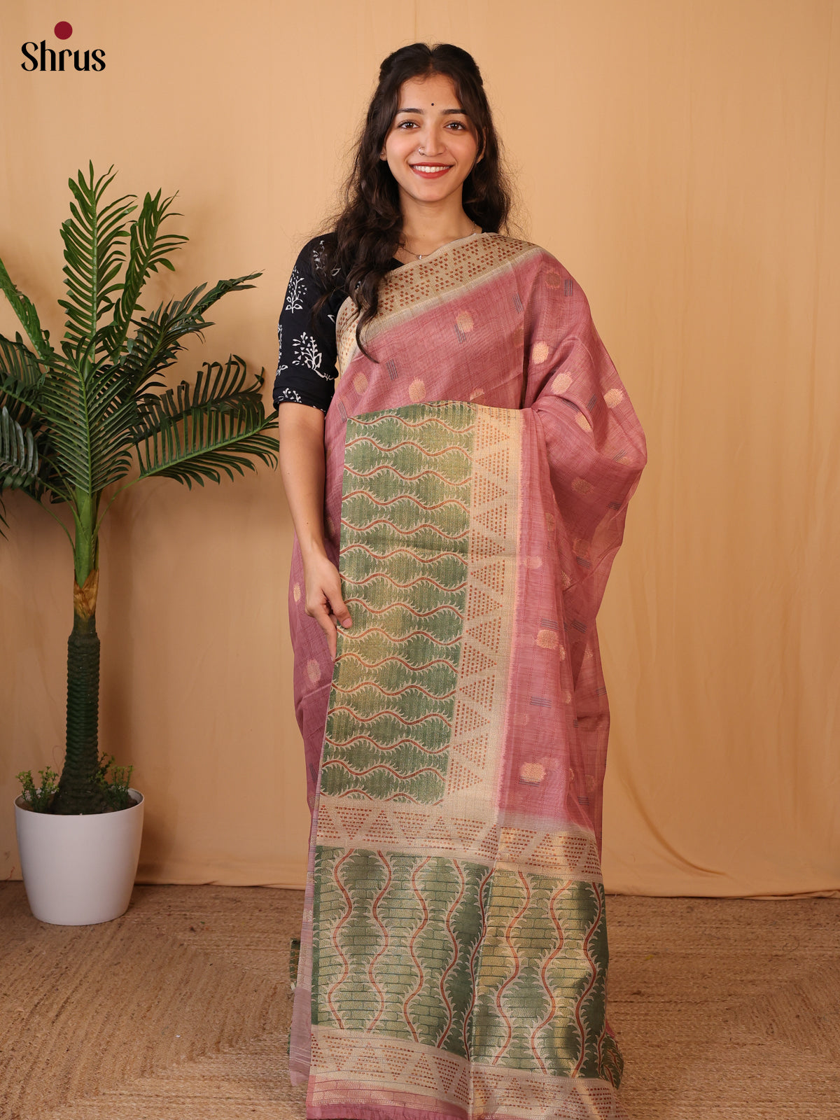 Pink & Green - Semi Tissue Saree - Shop on Shrus.com
