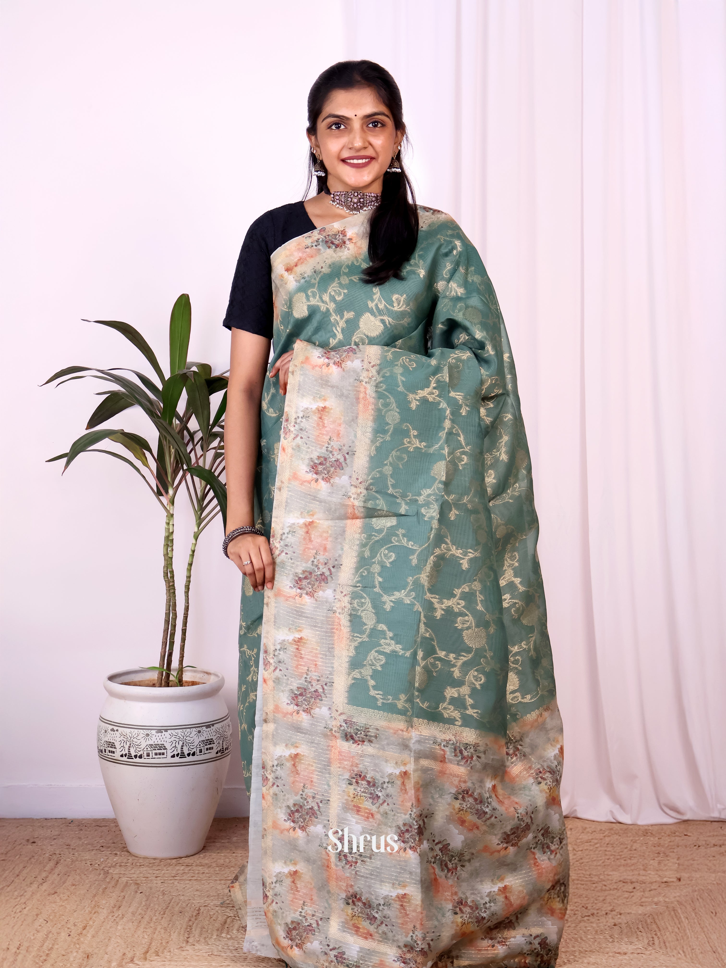 Green & grey - Semi Jute Saree - Shop on Shrus.com