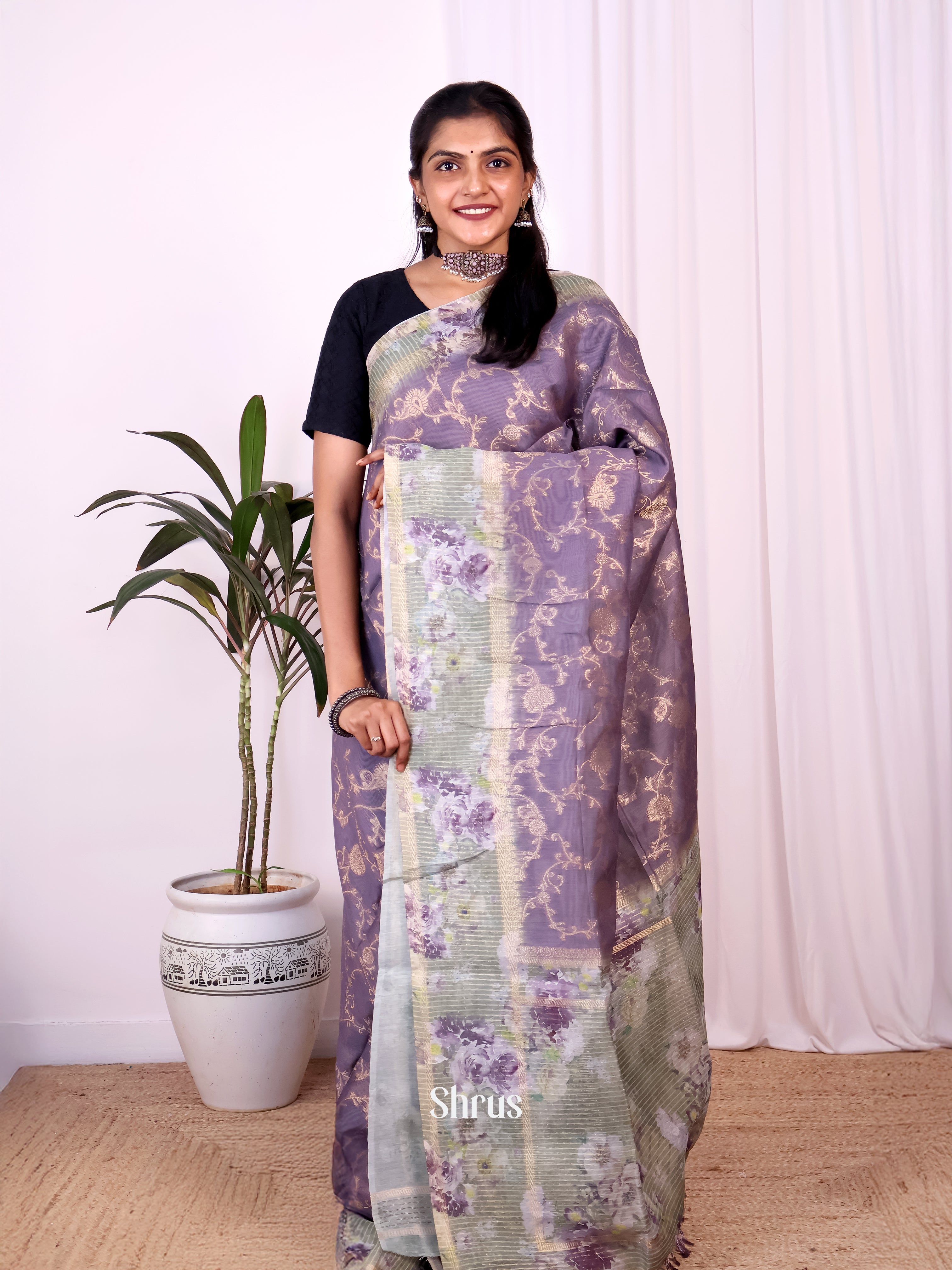 Purple & green- Semi Jute Saree - Shop on Shrus.com