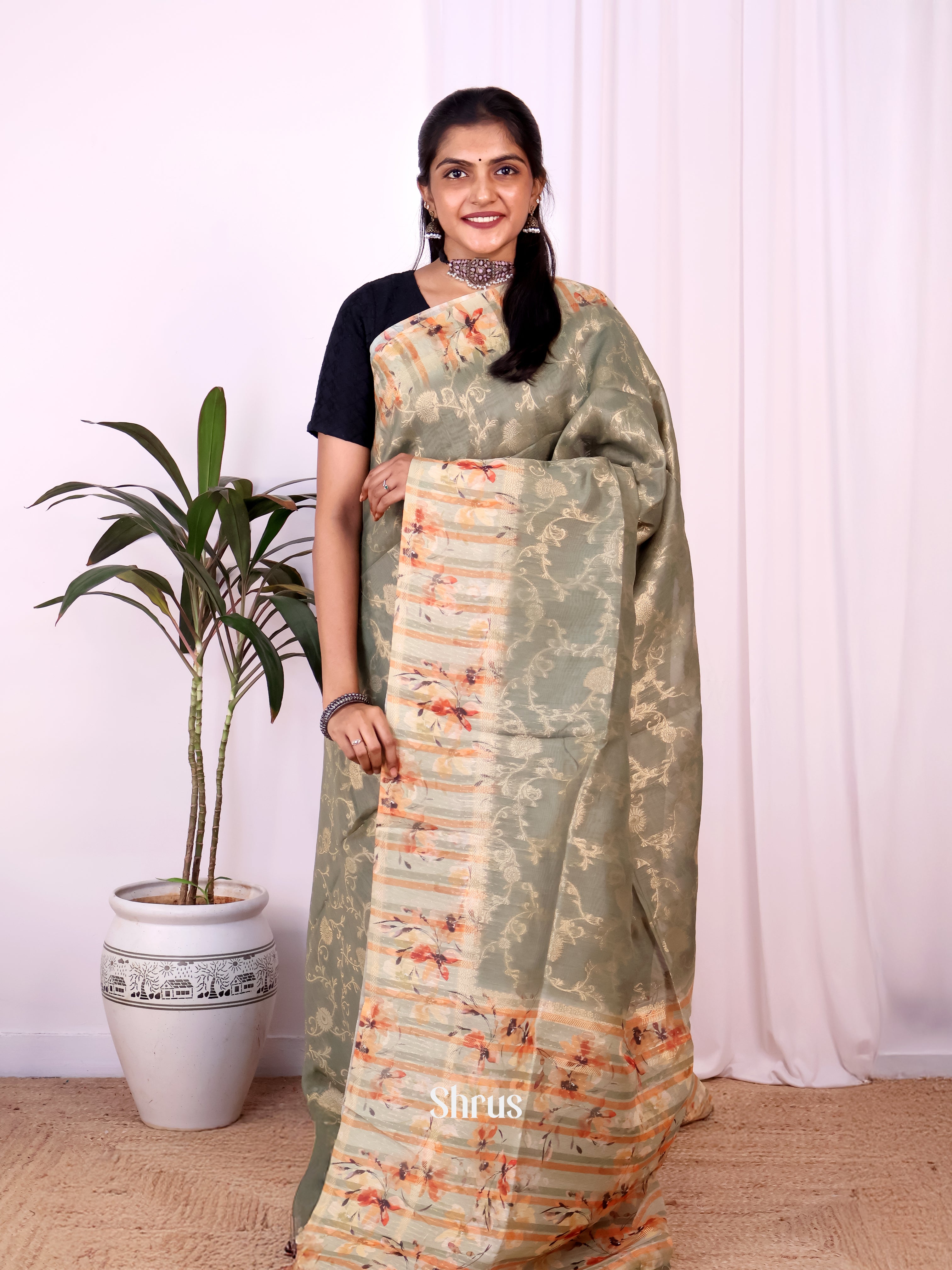 Grey Green & Cream - Semi Jute Saree - Shop on Shrus.com