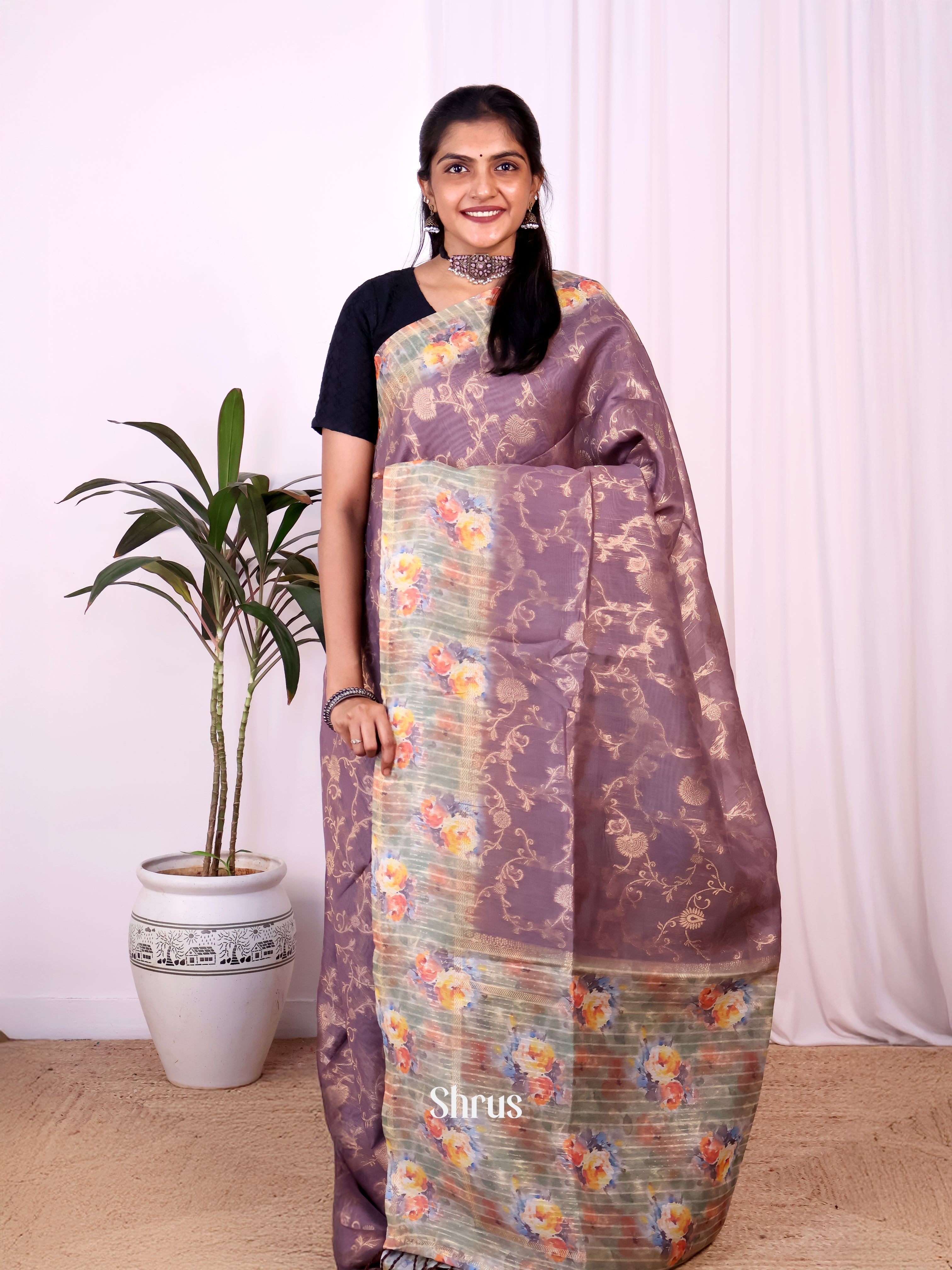 Mauve & Green - Semi Jute Saree - Shop on Shrus.com