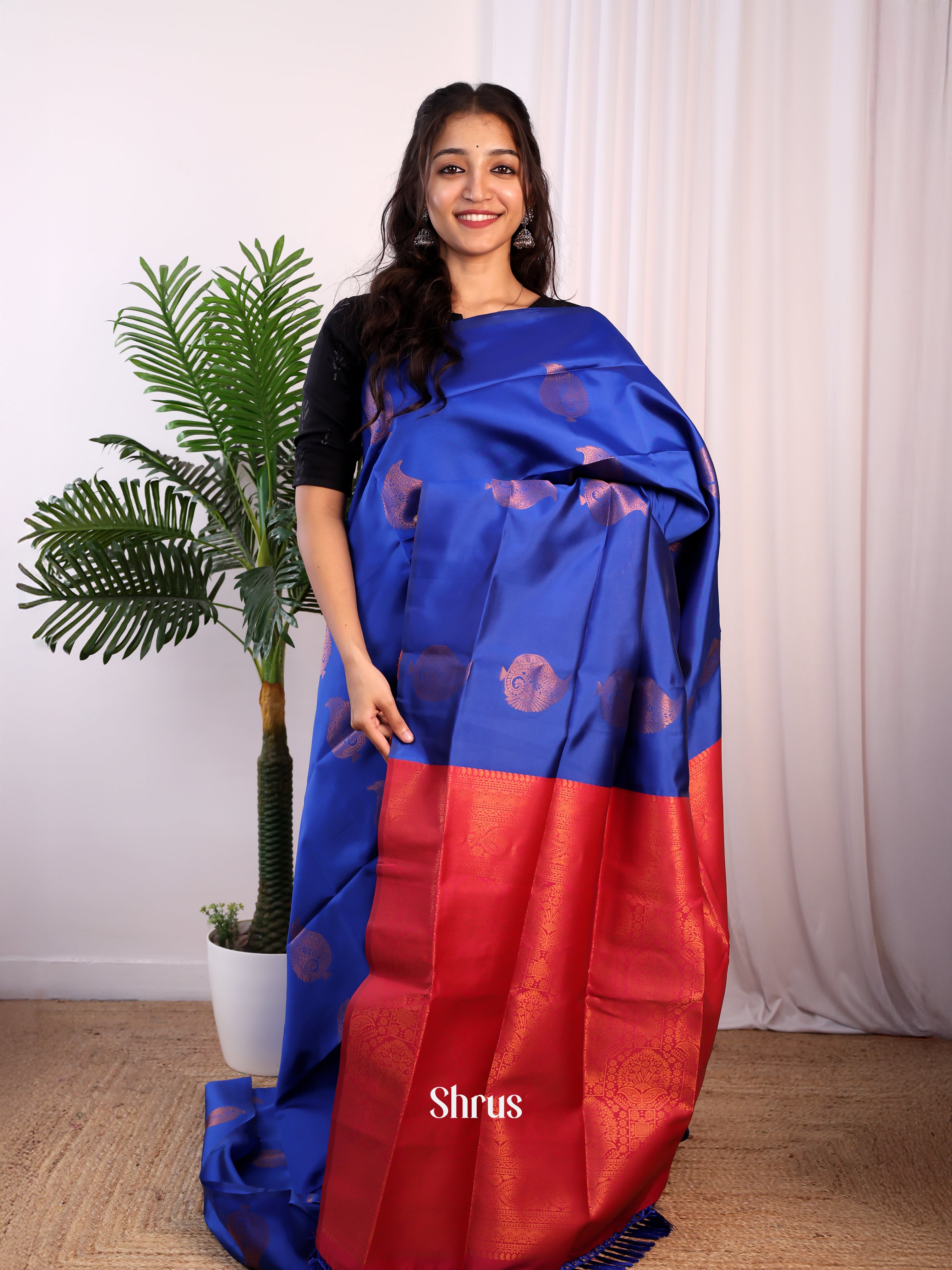 Blue & Maroon- Semi Softsilk Saree - Shop on Shrus.com