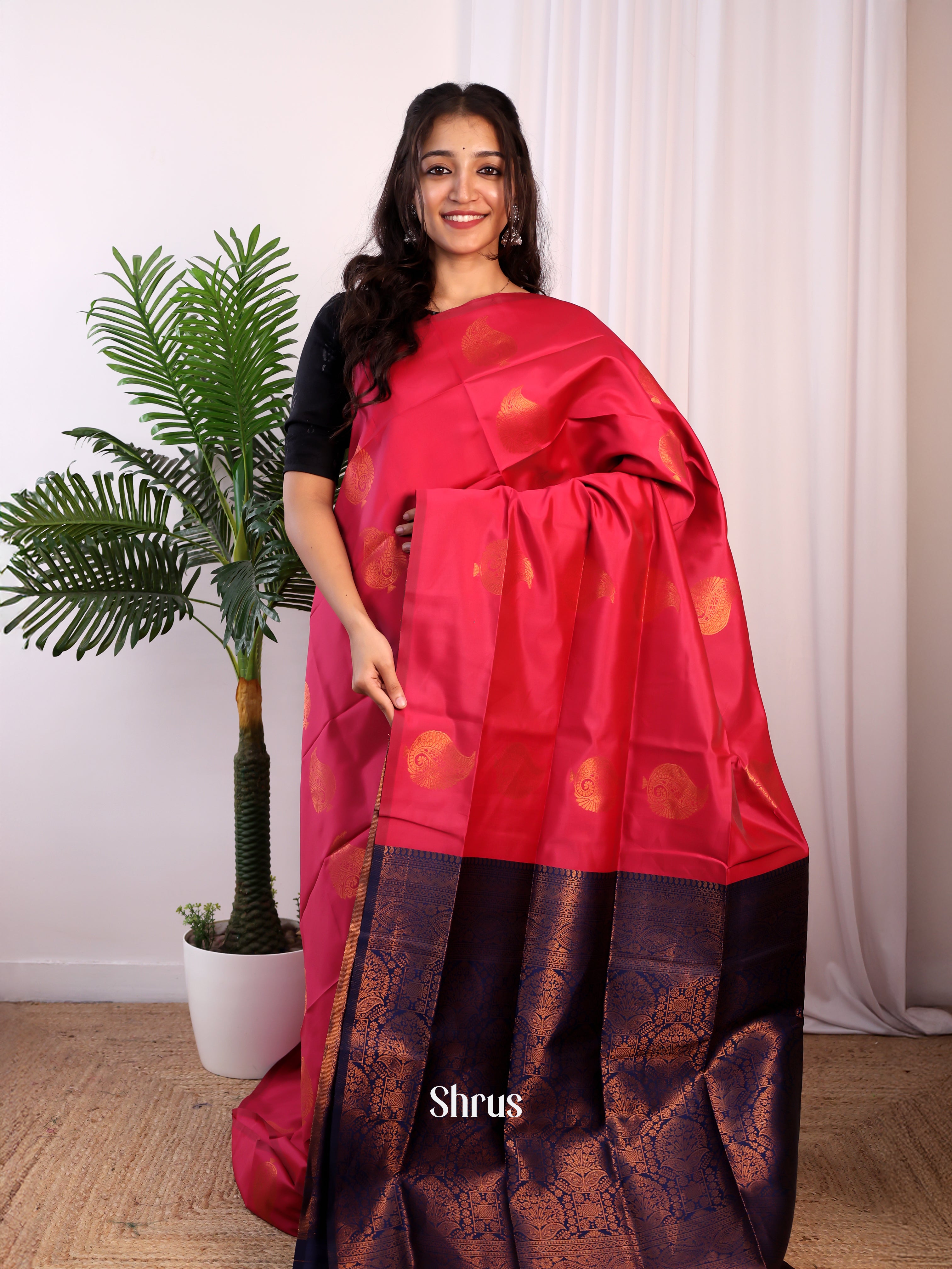 Pink & Blue - Semi Softsilk Saree - Shop on Shrus.com