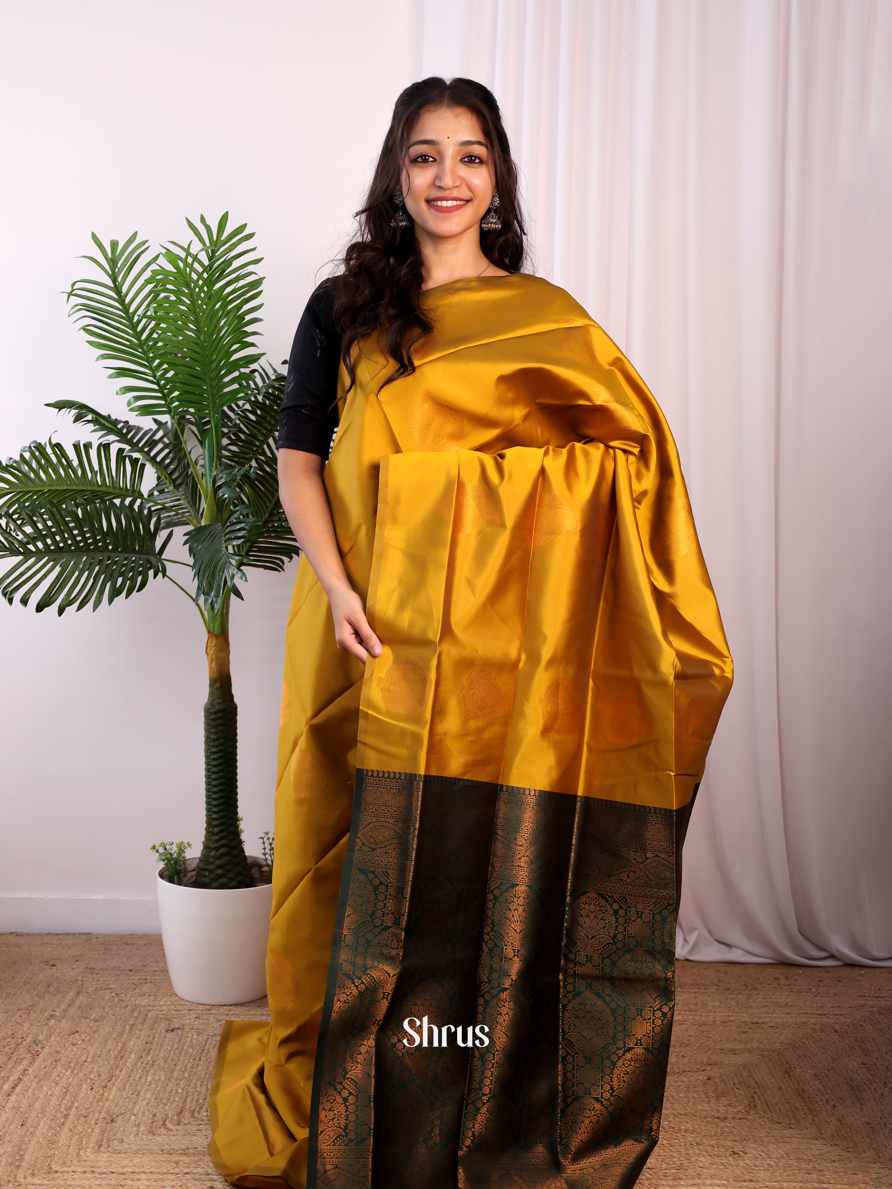 Mustard & Green- Semi Softsilk Saree - Shop on Shrus.com