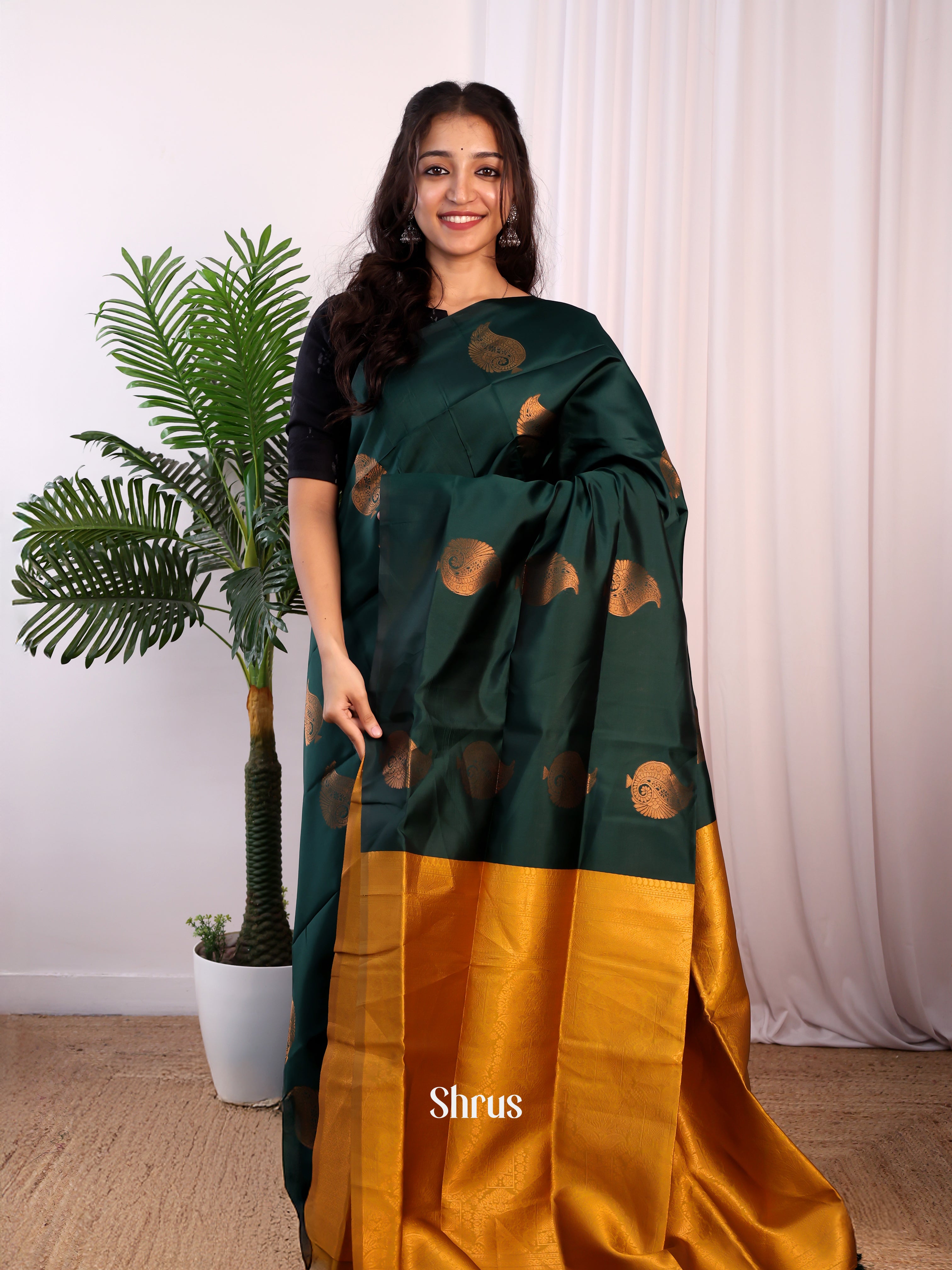 Bottle Green & Mustard- Semi Softsilk Saree - Shop on Shrus.com