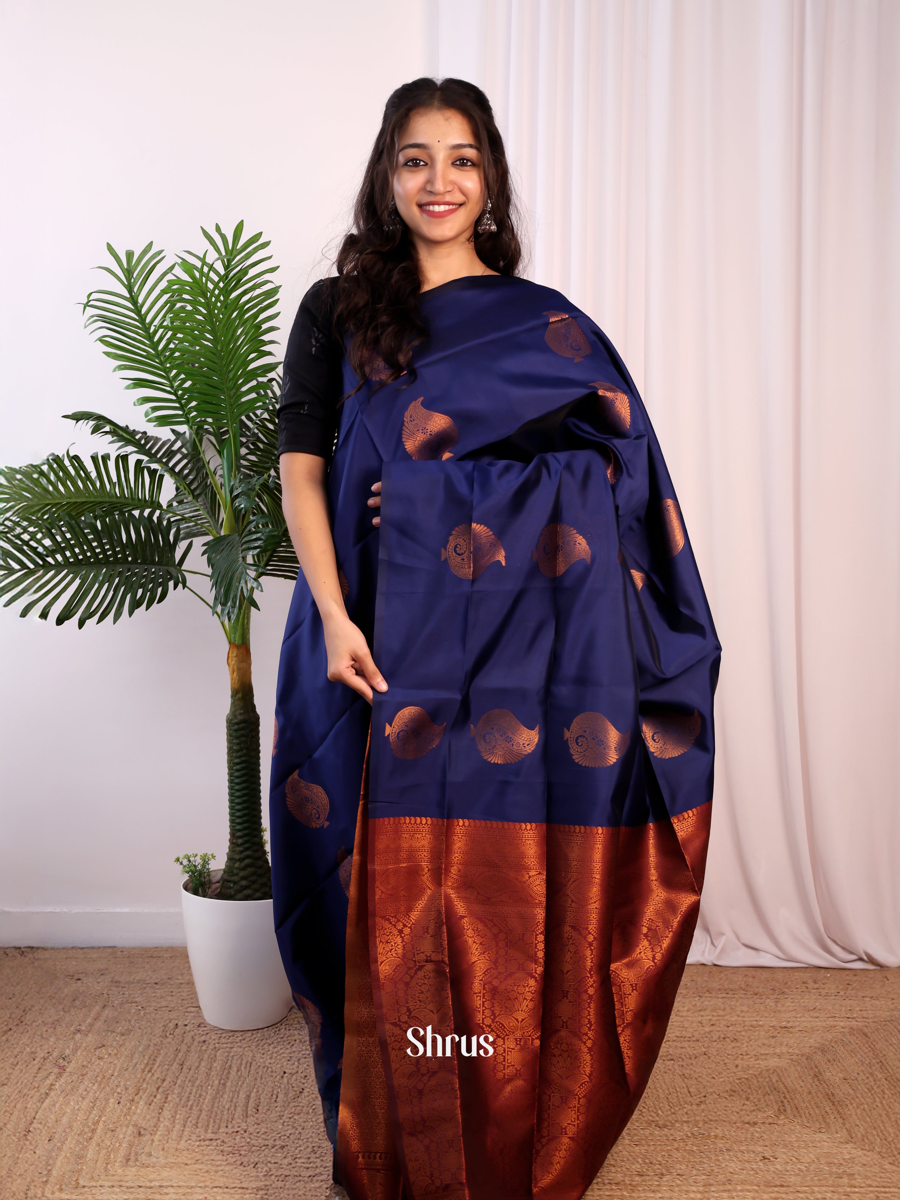 Blue & Maroon - Semi Softsilk Saree - Shop on Shrus.com