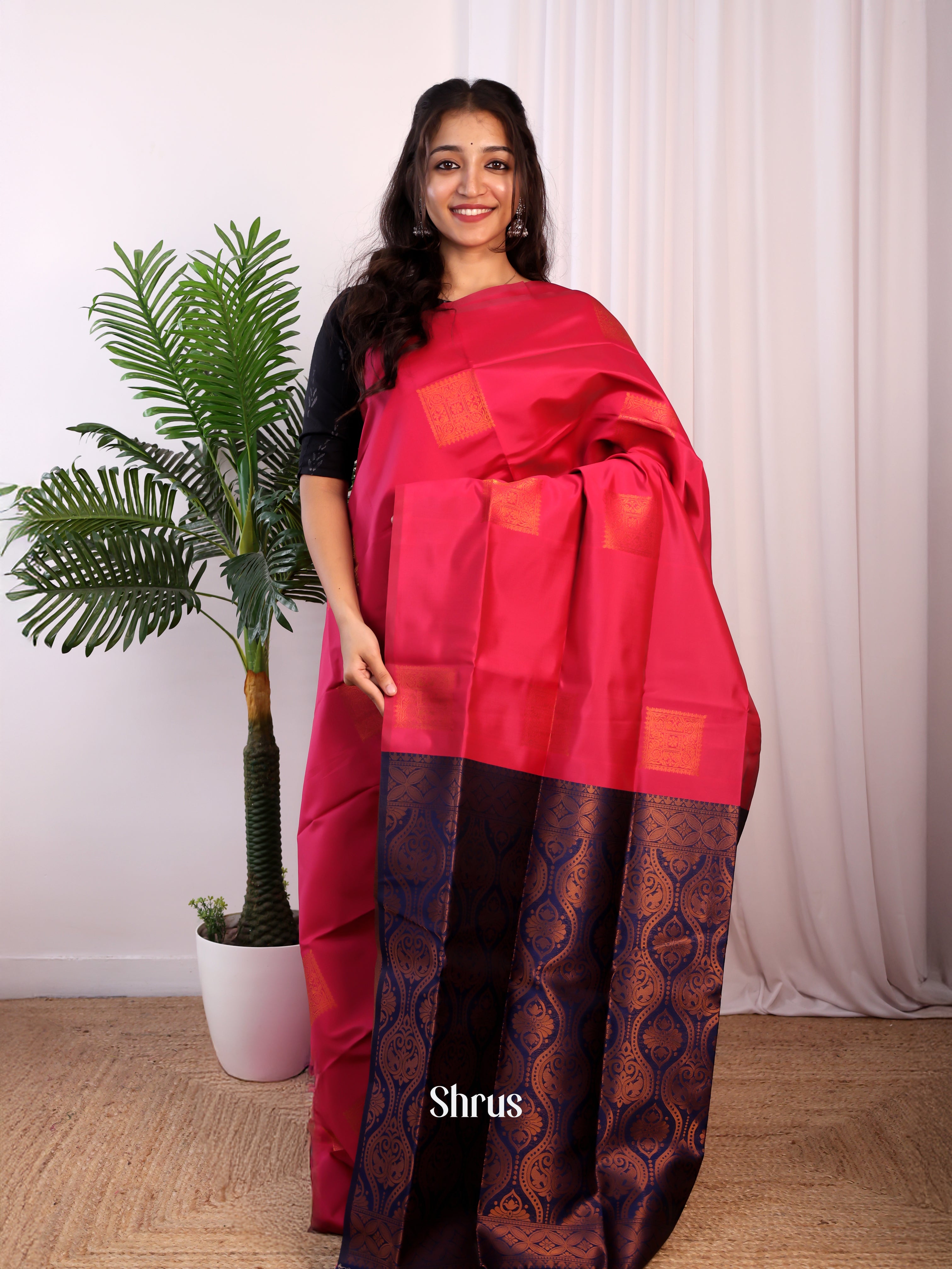 Pink & Blue - Semi Softsilk Saree - Shop on Shrus.com