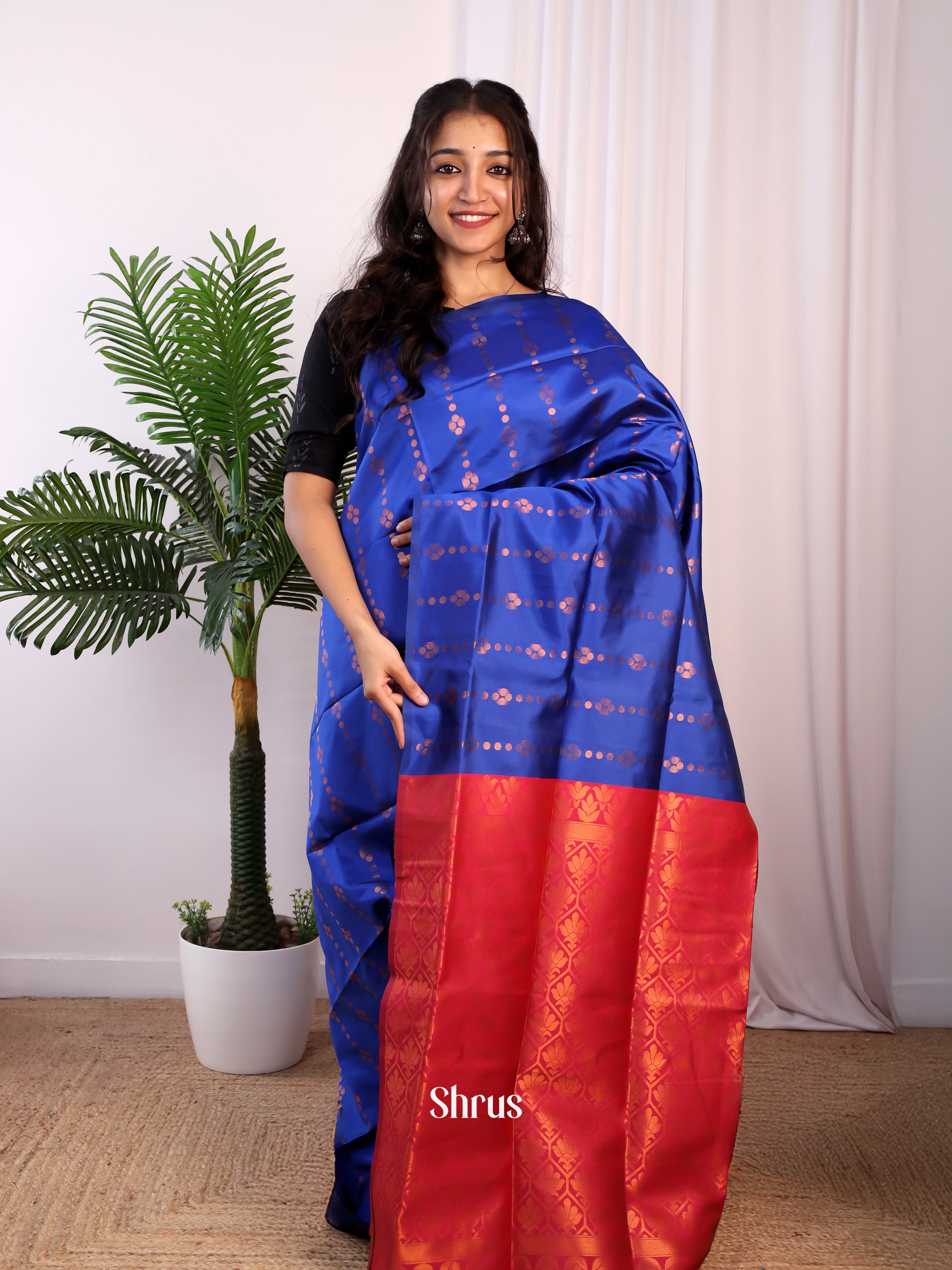 Blue & Maroon - Semi Softsilk Saree - Shop on Shrus.com
