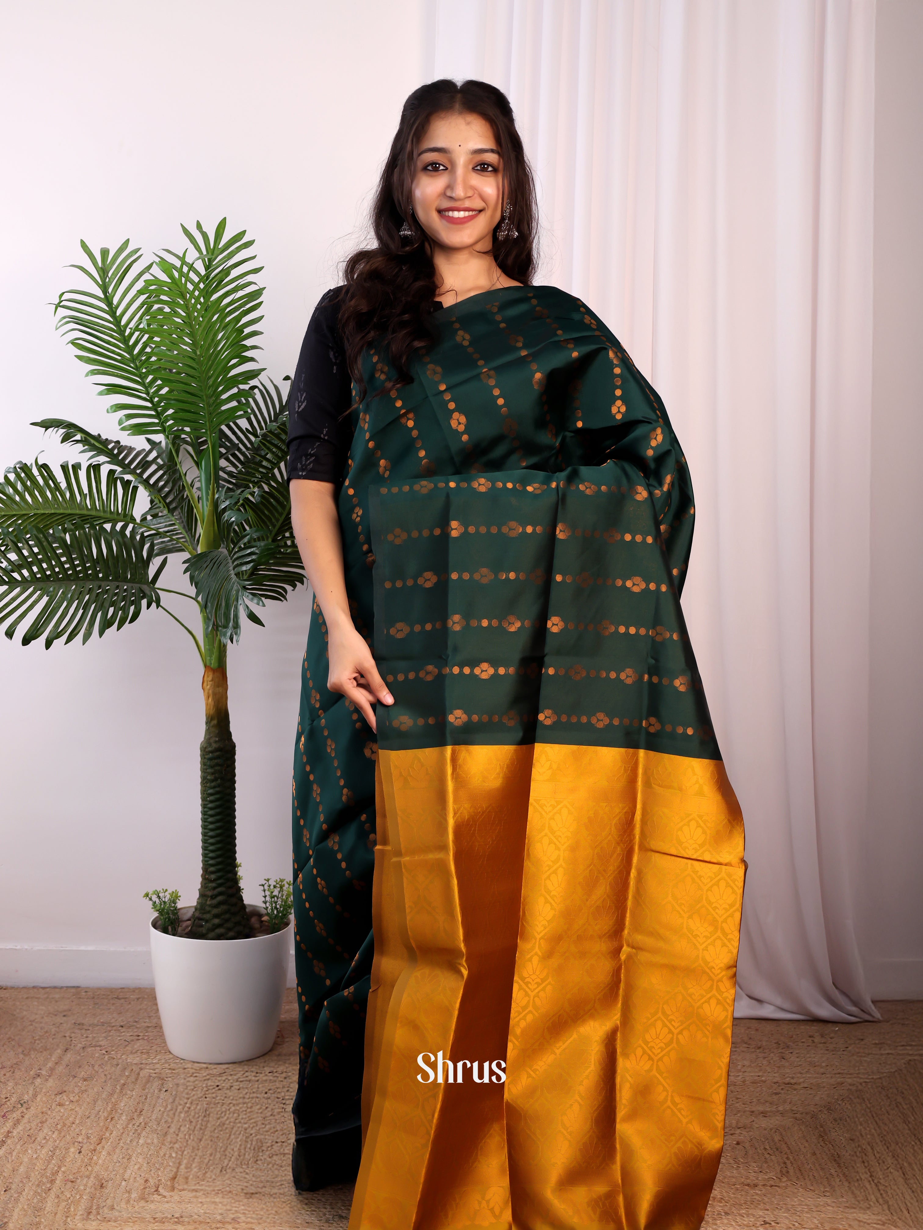 Green & Mustard - Semi Softsilk Saree - Shop on Shrus.com
