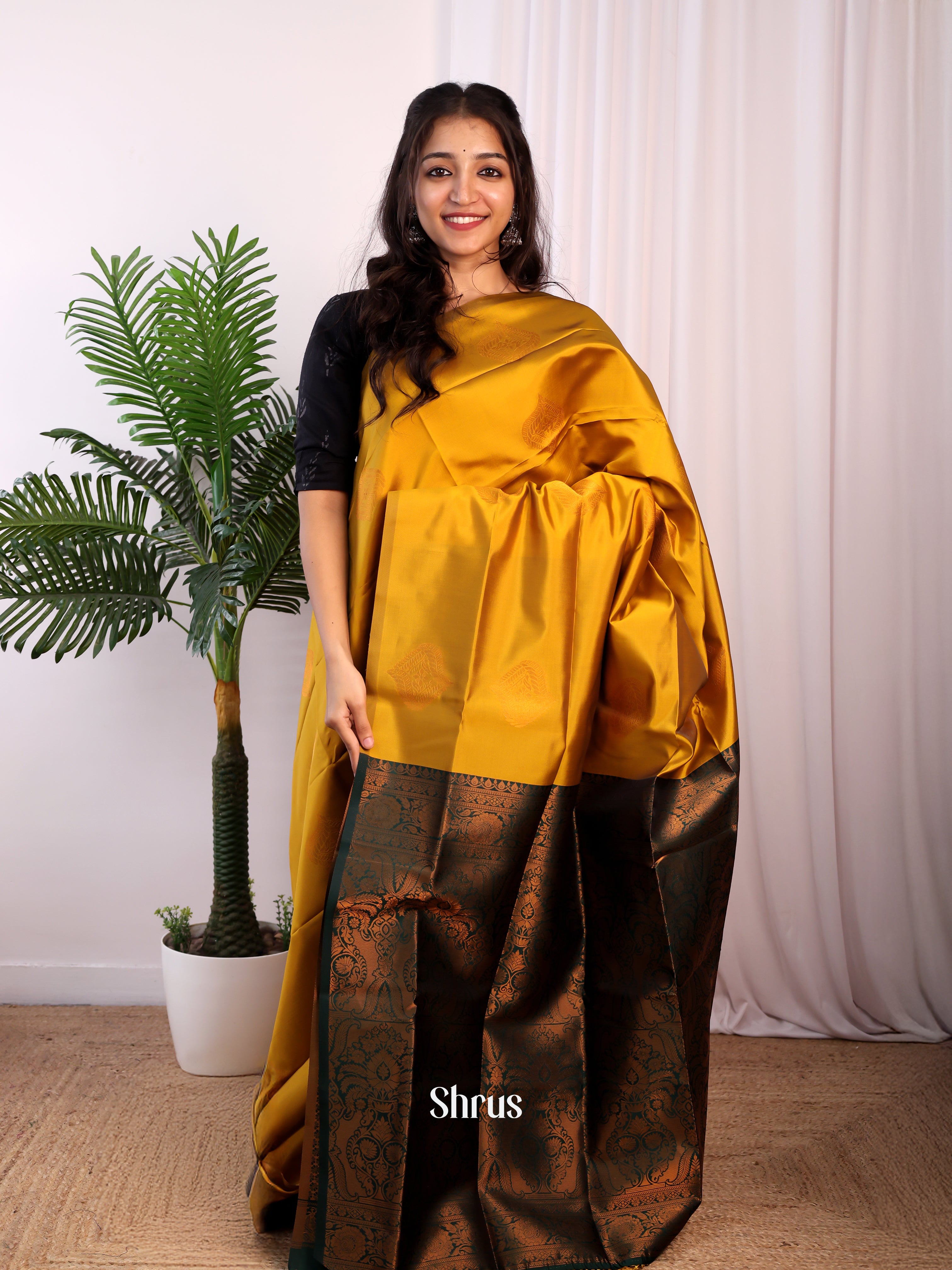 Mustard & Green- Semi Softsilk Saree - Shop on Shrus.com