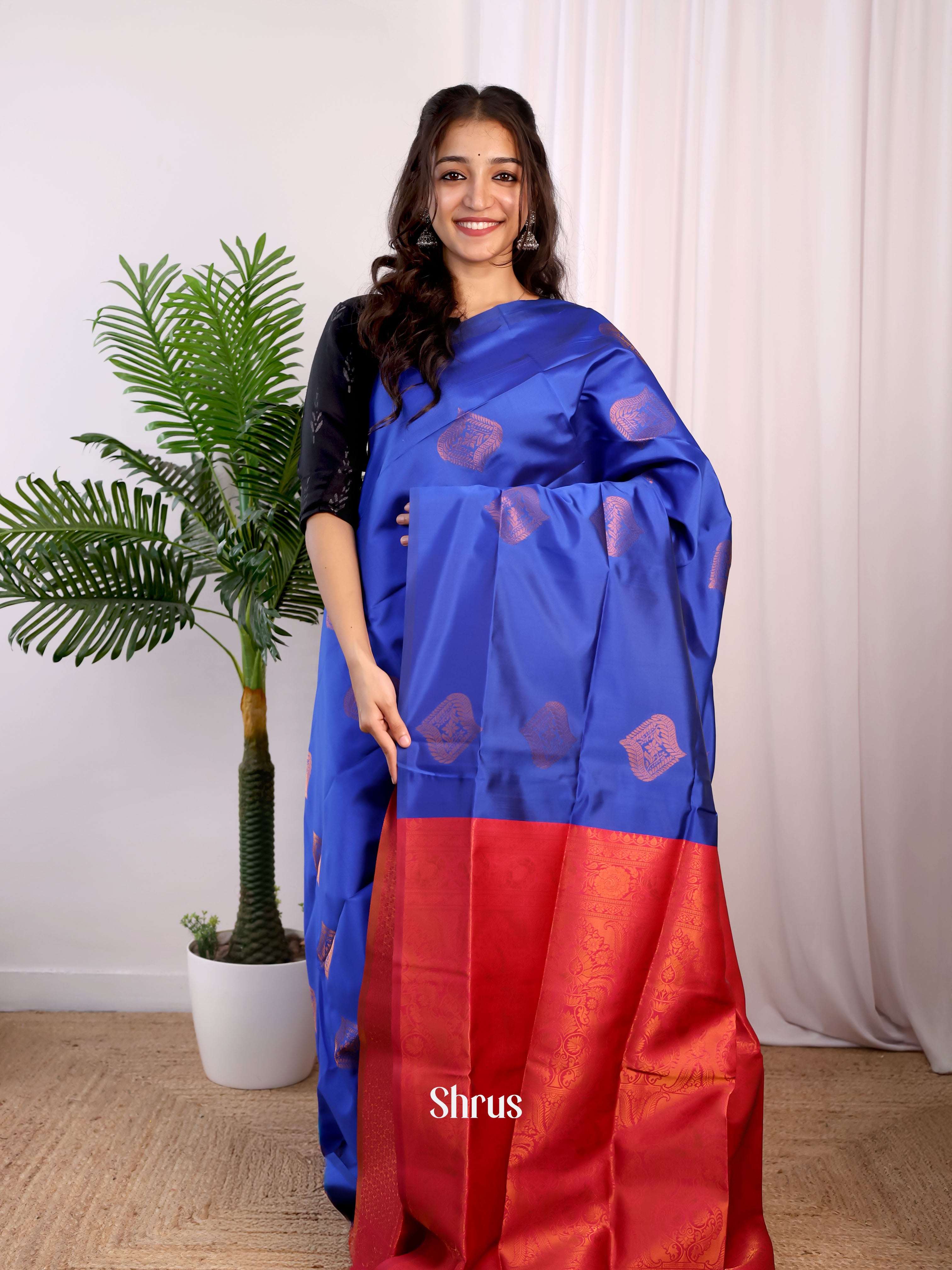 Blue & Maroon - Semi Softsilk Saree - Shop on Shrus.com