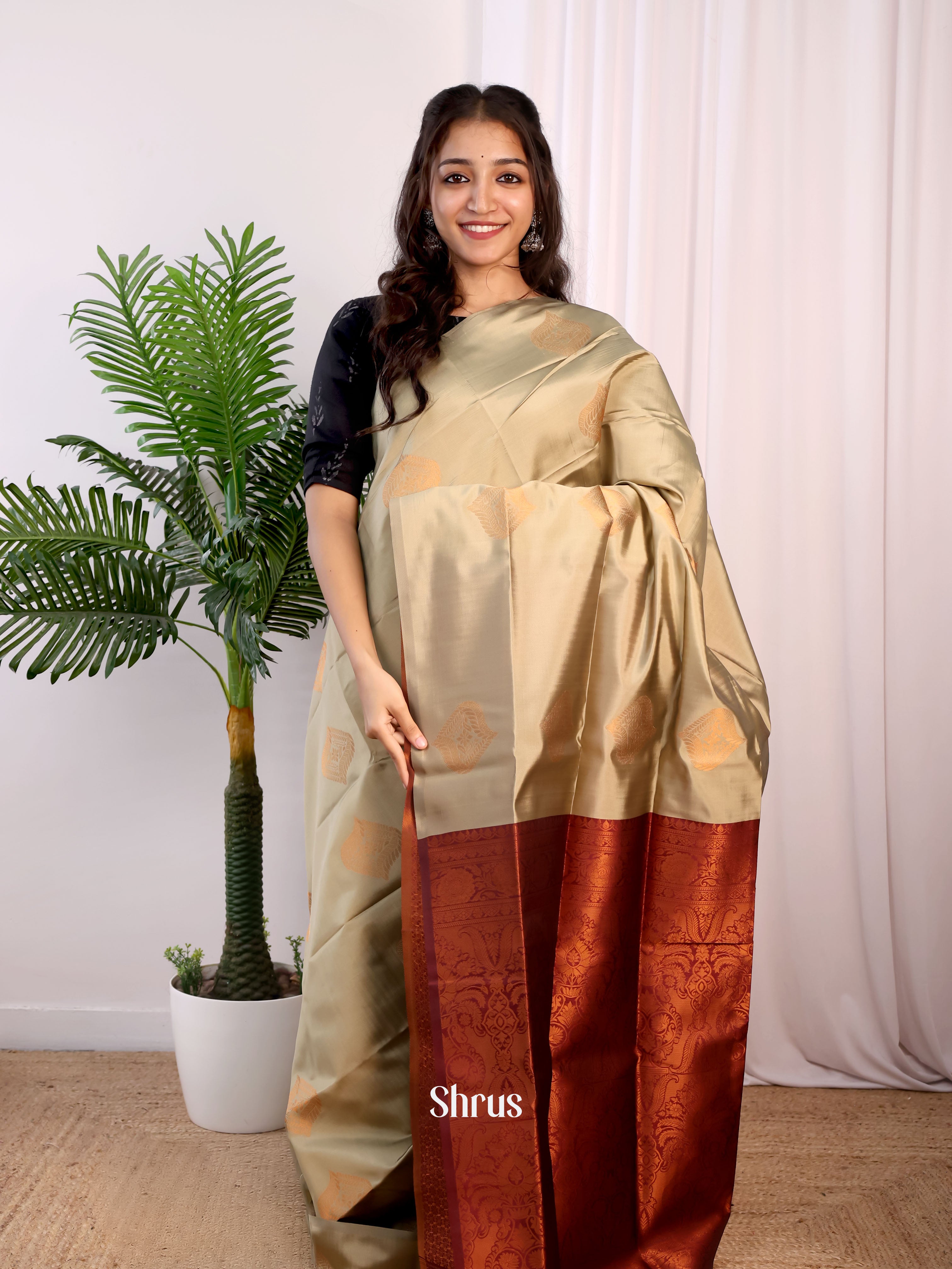 Beige & Maroon - Semi Softsilk Saree - Shop on Shrus.com