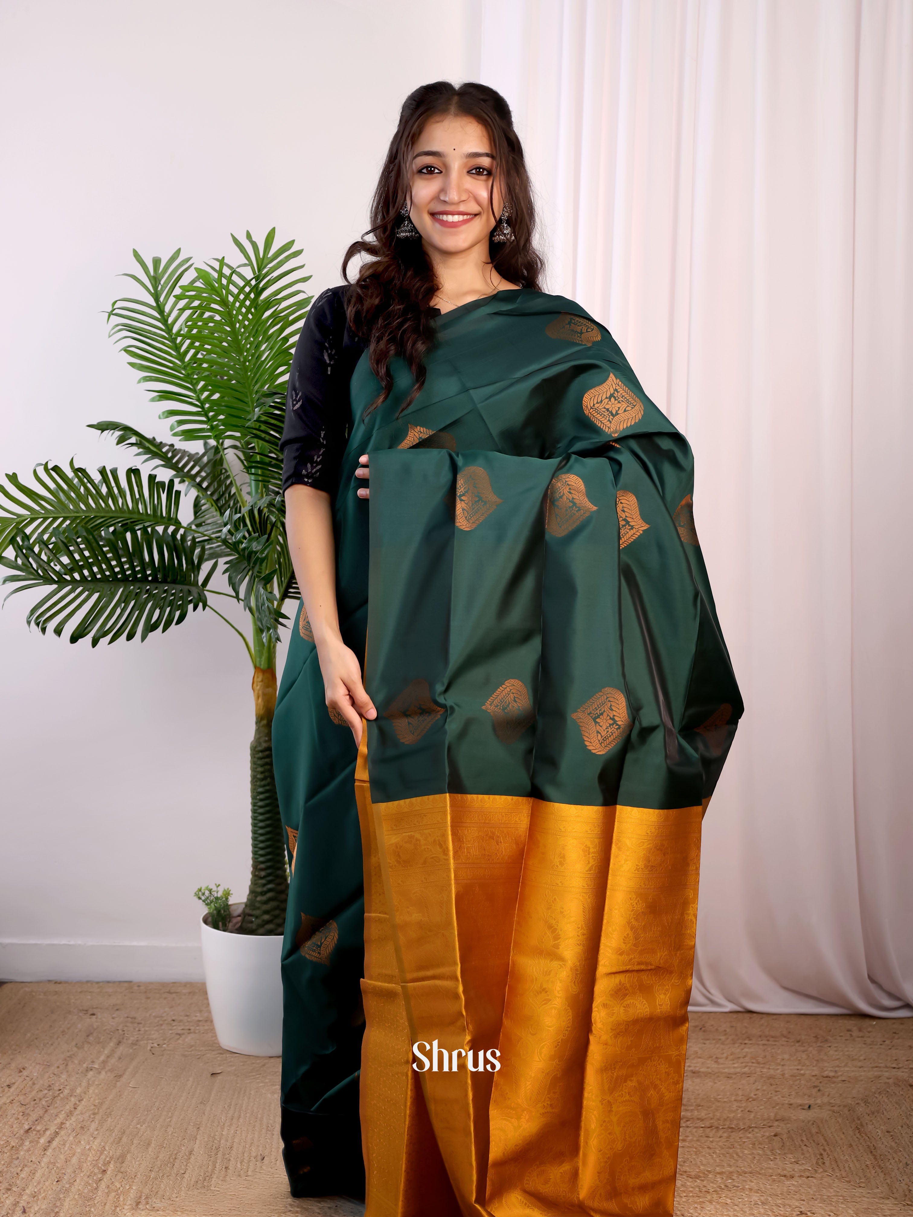 Green & Mustard - Semi Softsilk Saree - Shop on Shrus.com