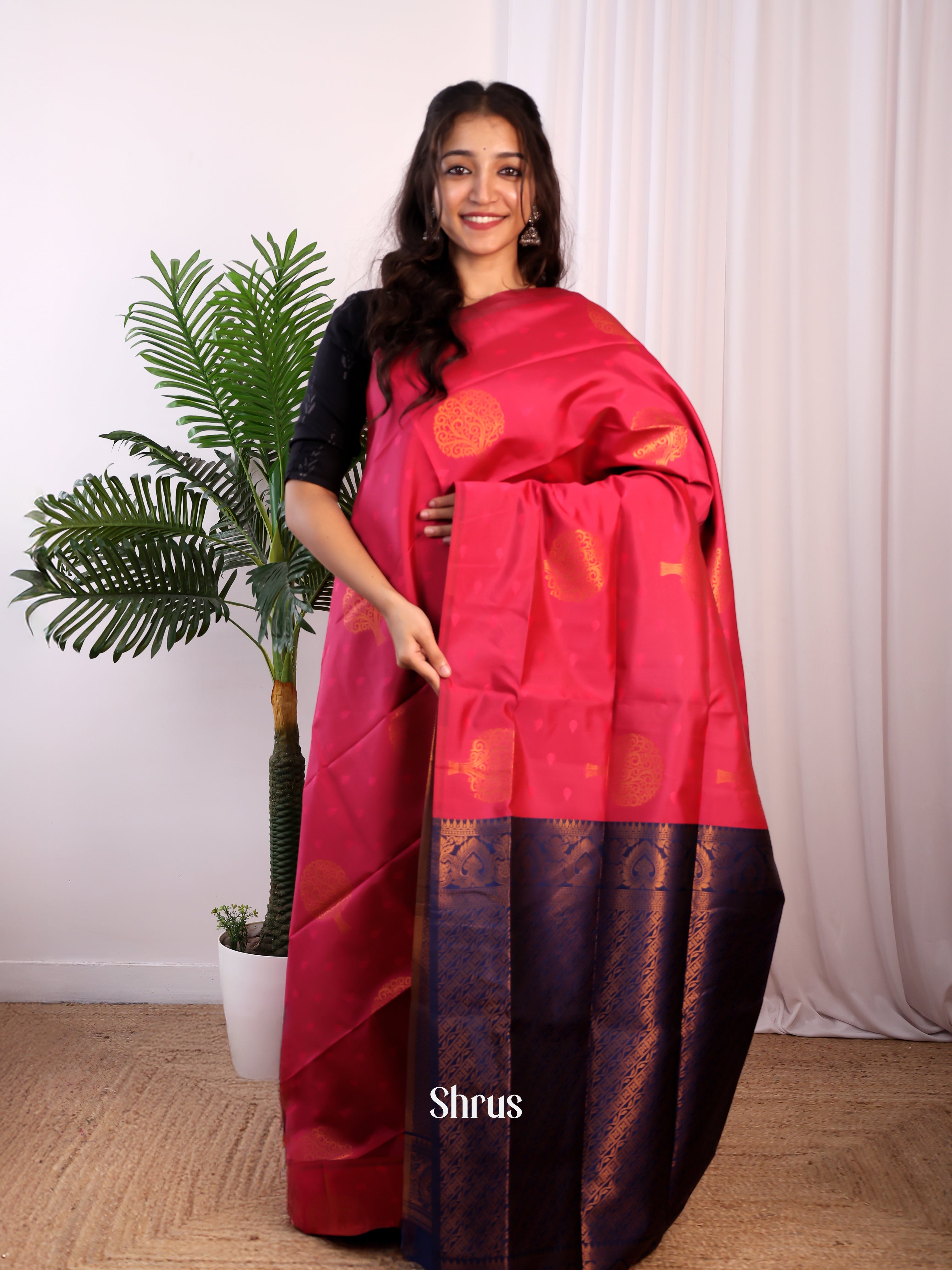 Pink & Blue - Semi Softsilk Saree - Shop on Shrus.com