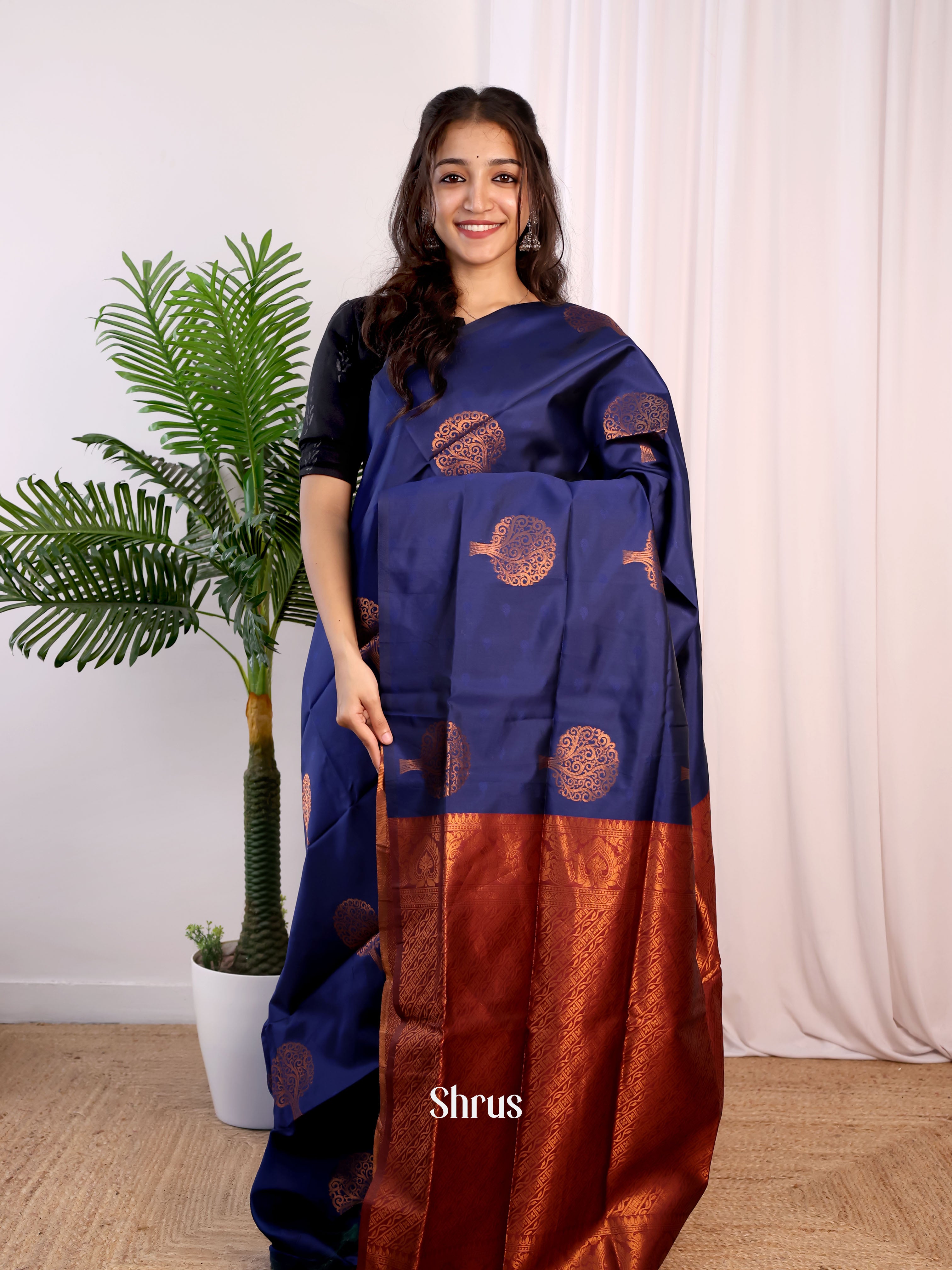 Blue & Maroon - Semi Softsilk Saree - Shop on Shrus.com