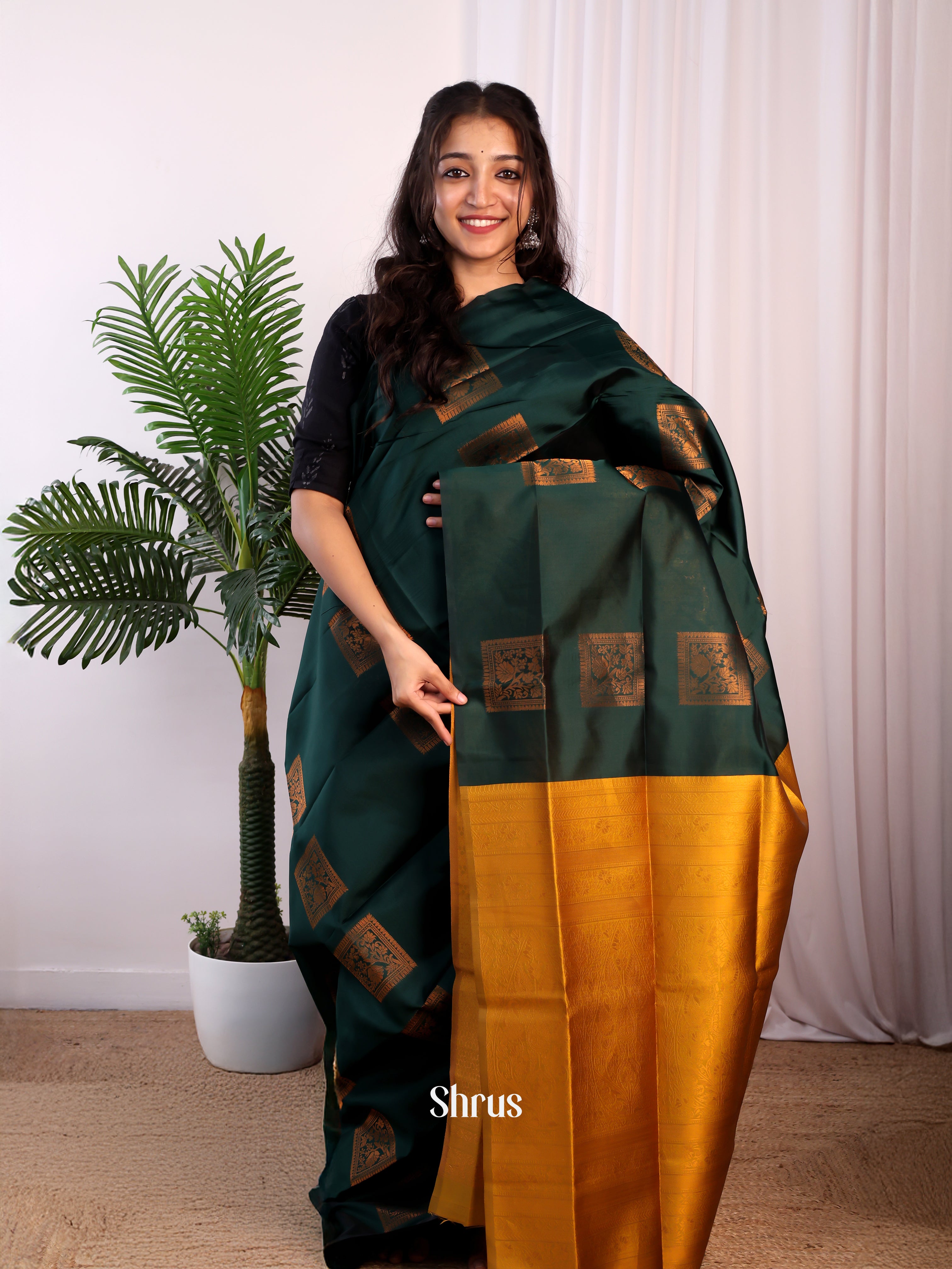 Bottle Green & Mustard - Semi Softsilk Saree - Shop on Shrus.com