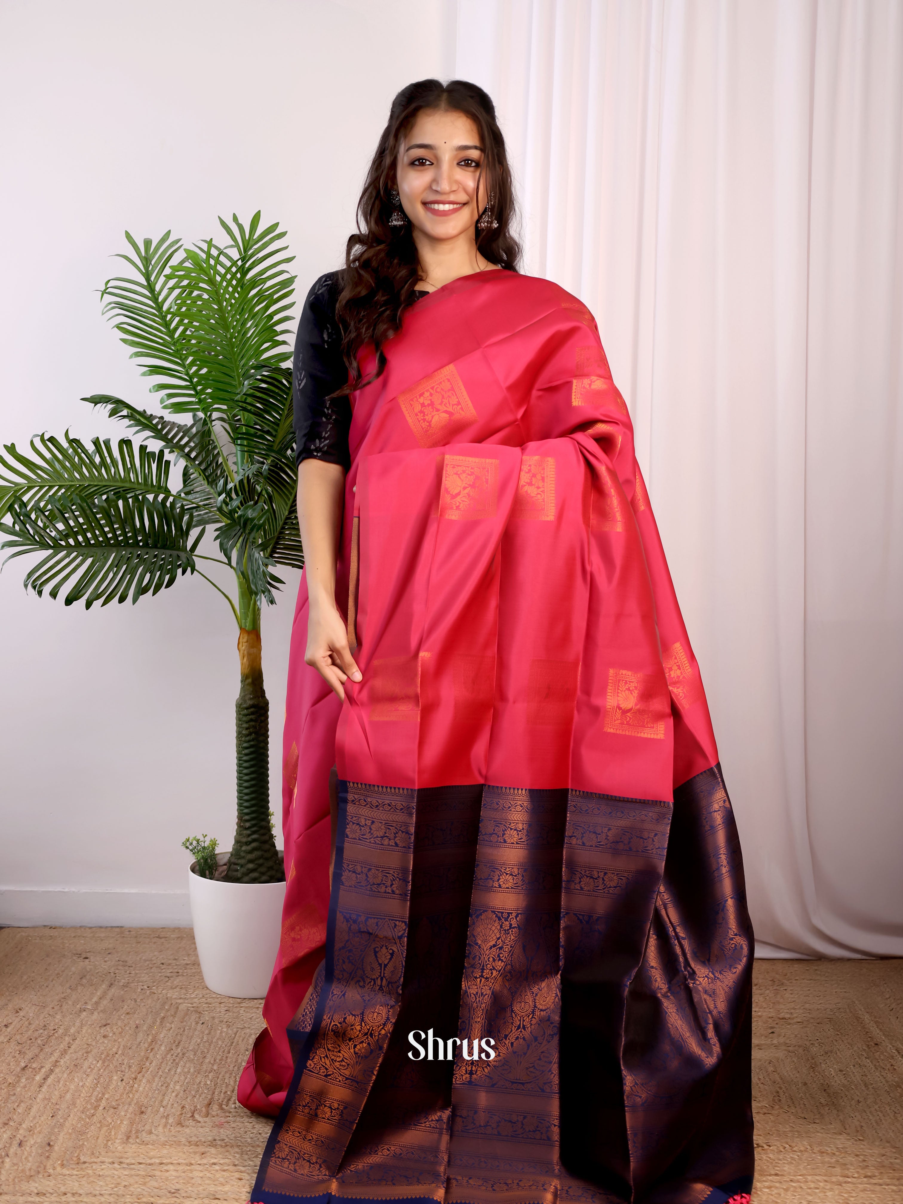 Pink & Blue- Semi Softsilk Saree - Shop on Shrus.com