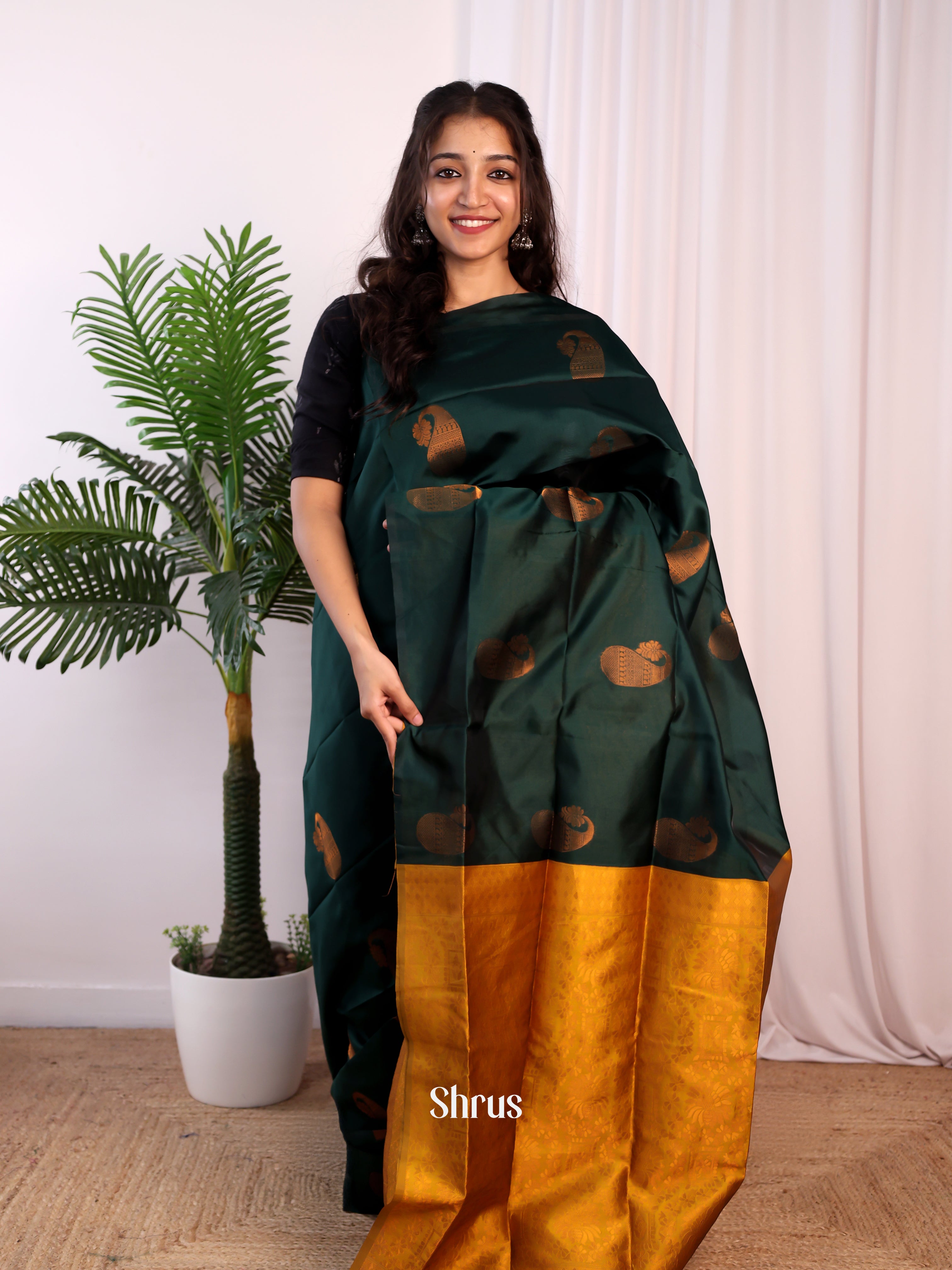 Bottle Green & Mustard - Semi Softsilk Saree - Shop on Shrus.com